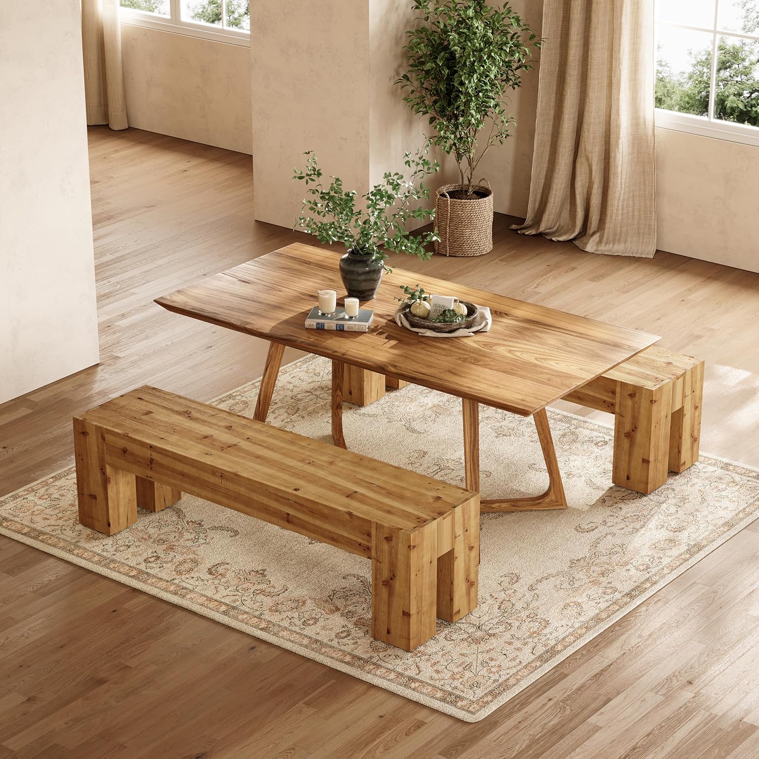 63" Long Dining Bench, Wood Kitchen Table Bench with Sturdy Frame