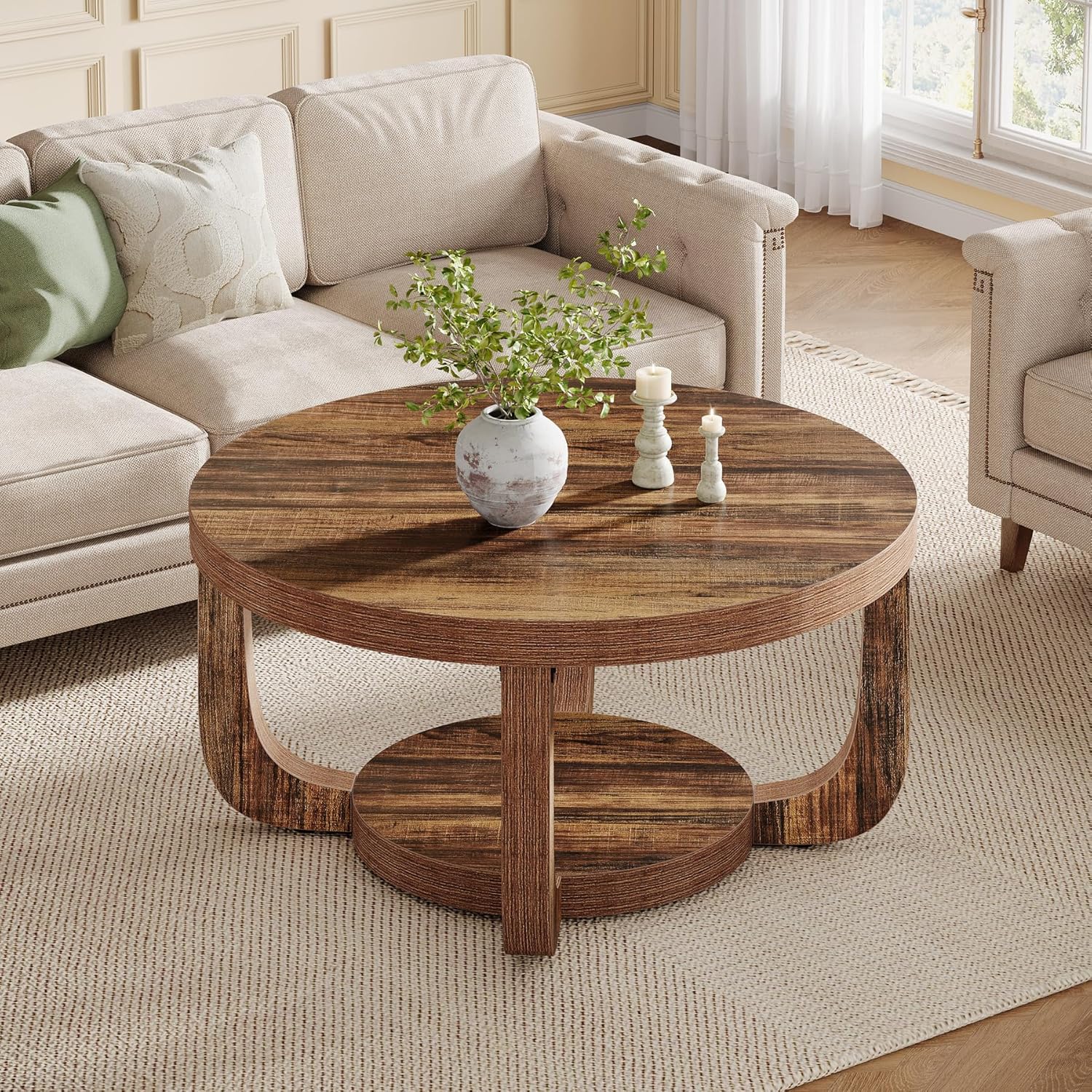 31.5" Coffee Table, Modern 2 - Tier Circle Center Table with Storage Tribesigns