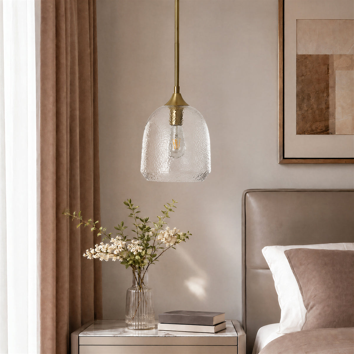 Tribesigns Modern Hammered Glass Pendant Light, Brass Island Light