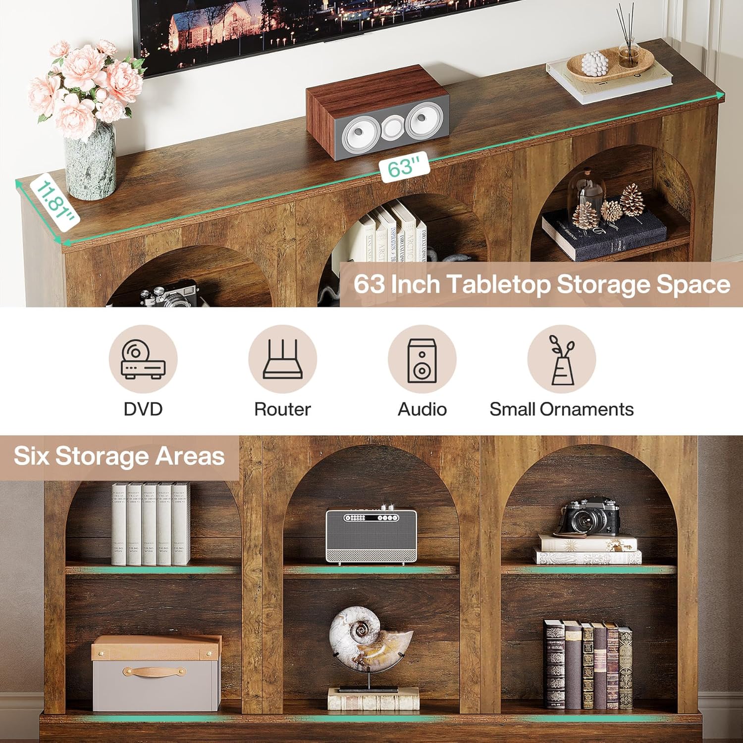 62.99“ Farmhouse TV Stand with Storage Cabinets, Media Console for Up to 65-Inch TV