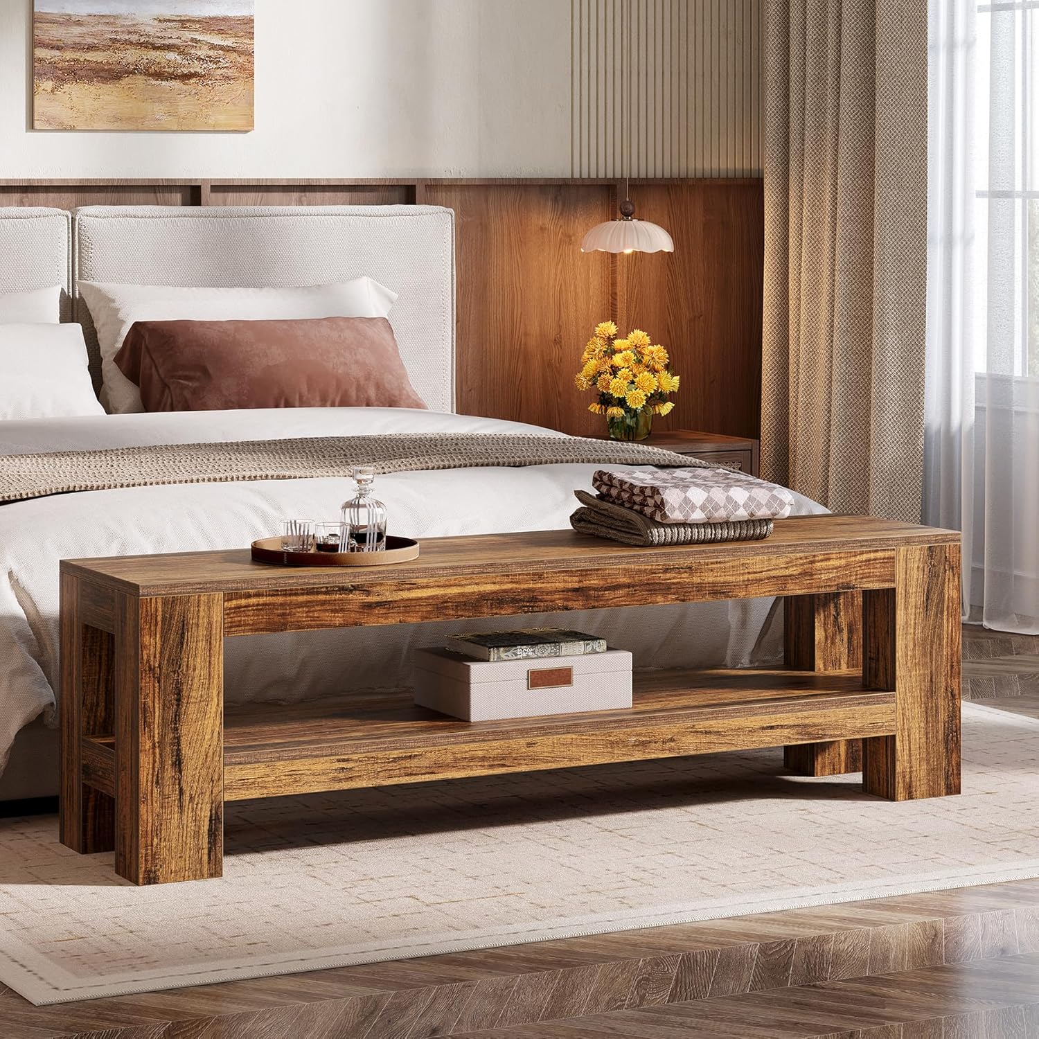 59" Farmhouse Entryway Bench, Wooden Shoe Bench End of Bed Bench with Shelf