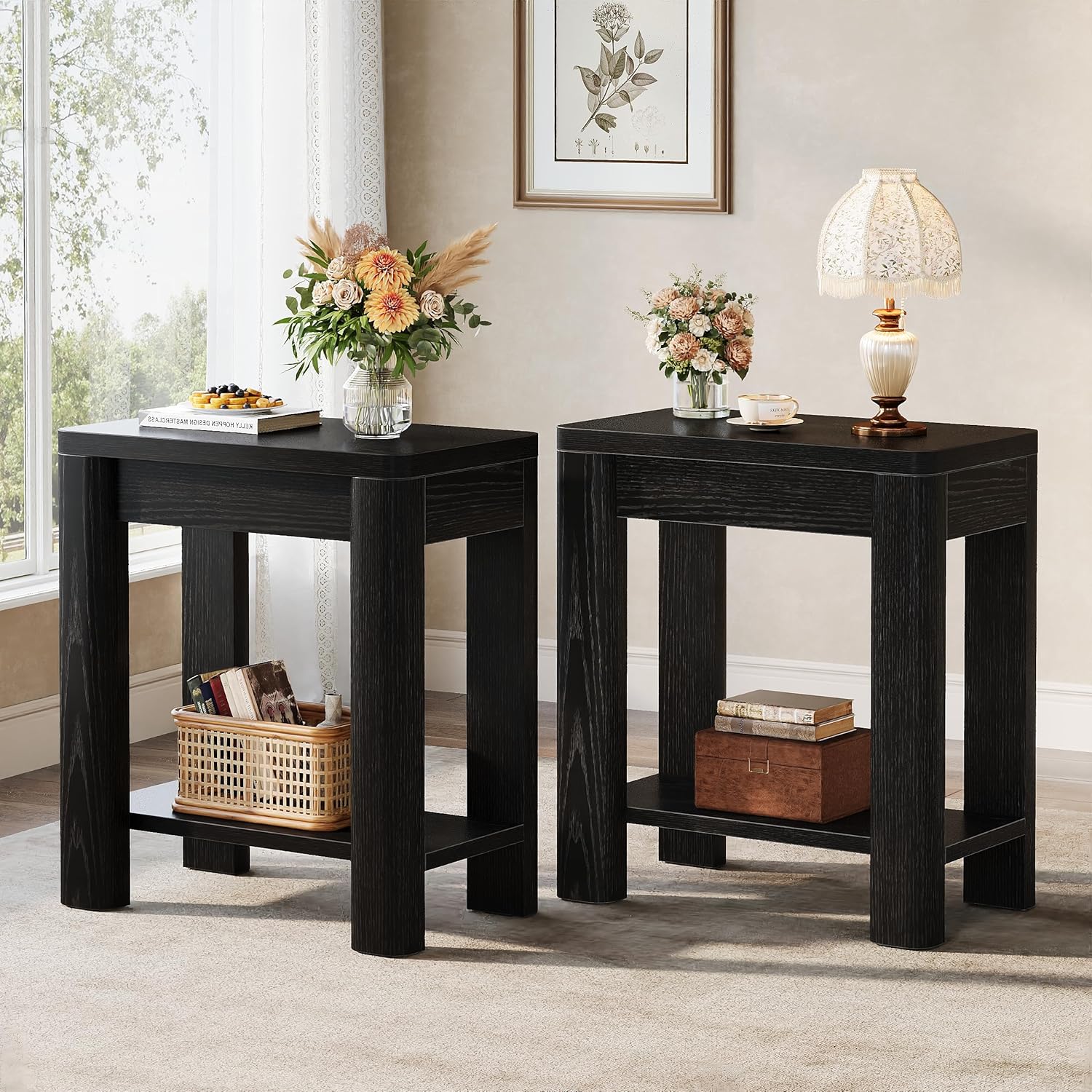 23.6" End Table, Farmhouse Wooden Side Table with Storage Shelf