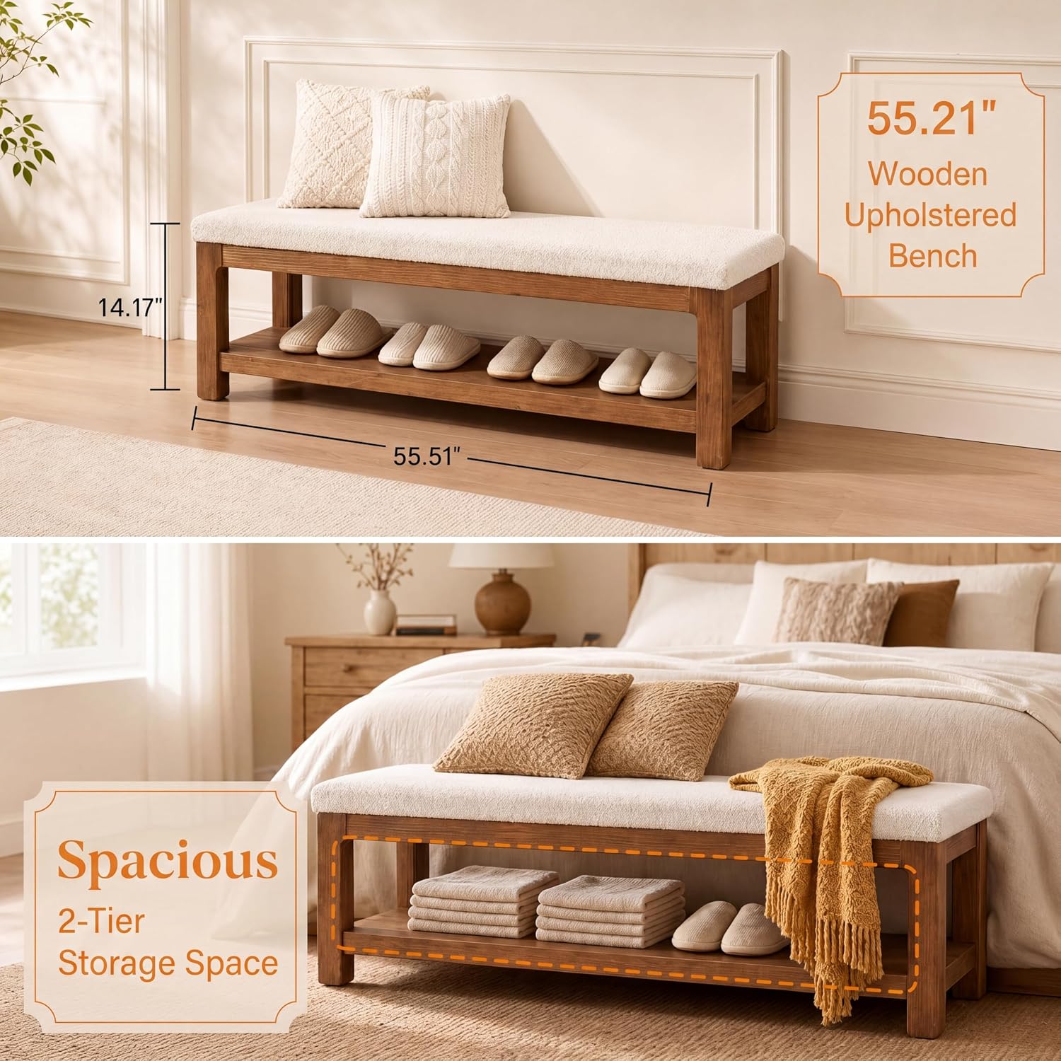 55" Solid Wood Dining Bench, Farmhouse Upholstered Bench with 2-Tier Storage Shelf