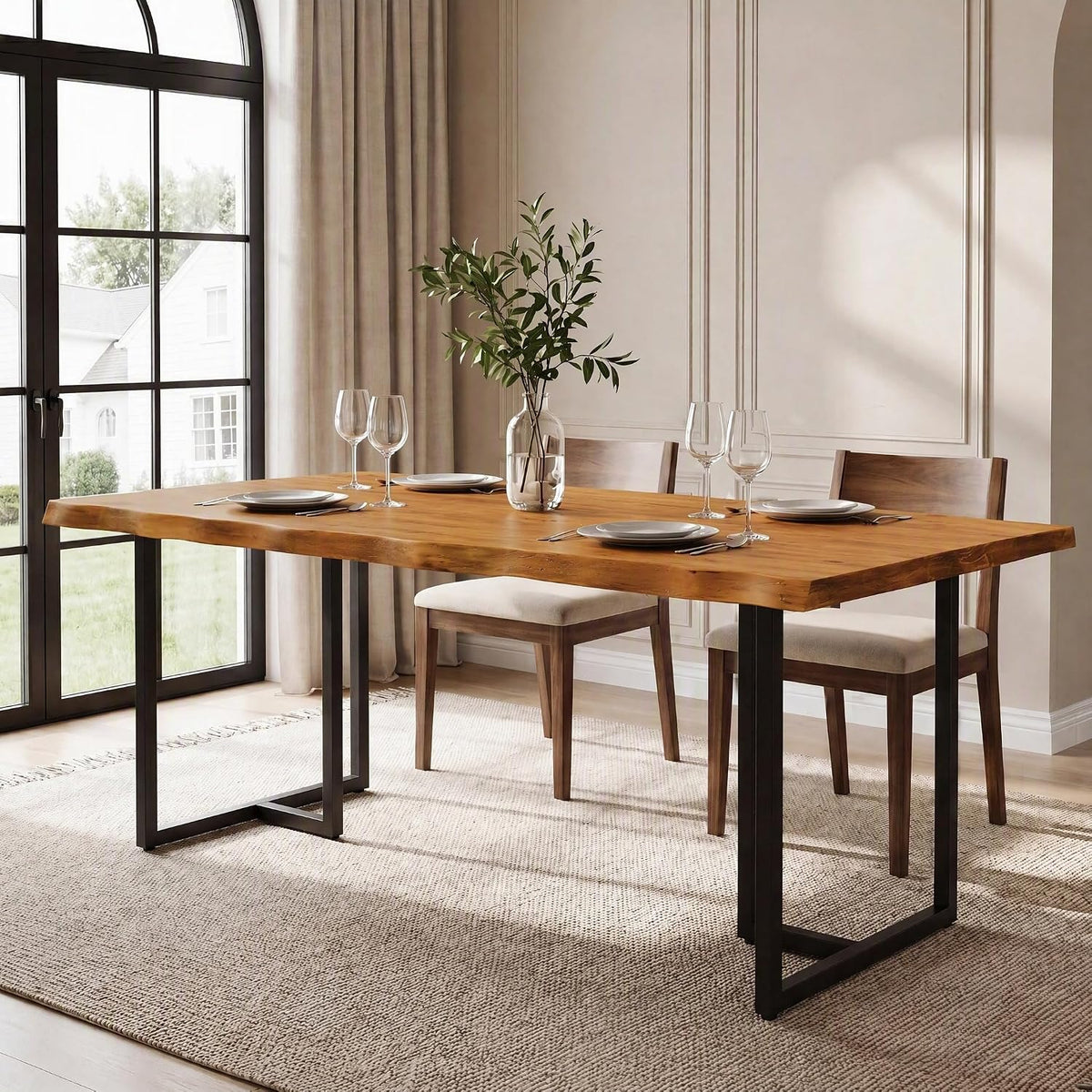 63" Solid Wood Dining Table, Rectangular Kitchen Table with Live-Edge Inspired Top for 4–6