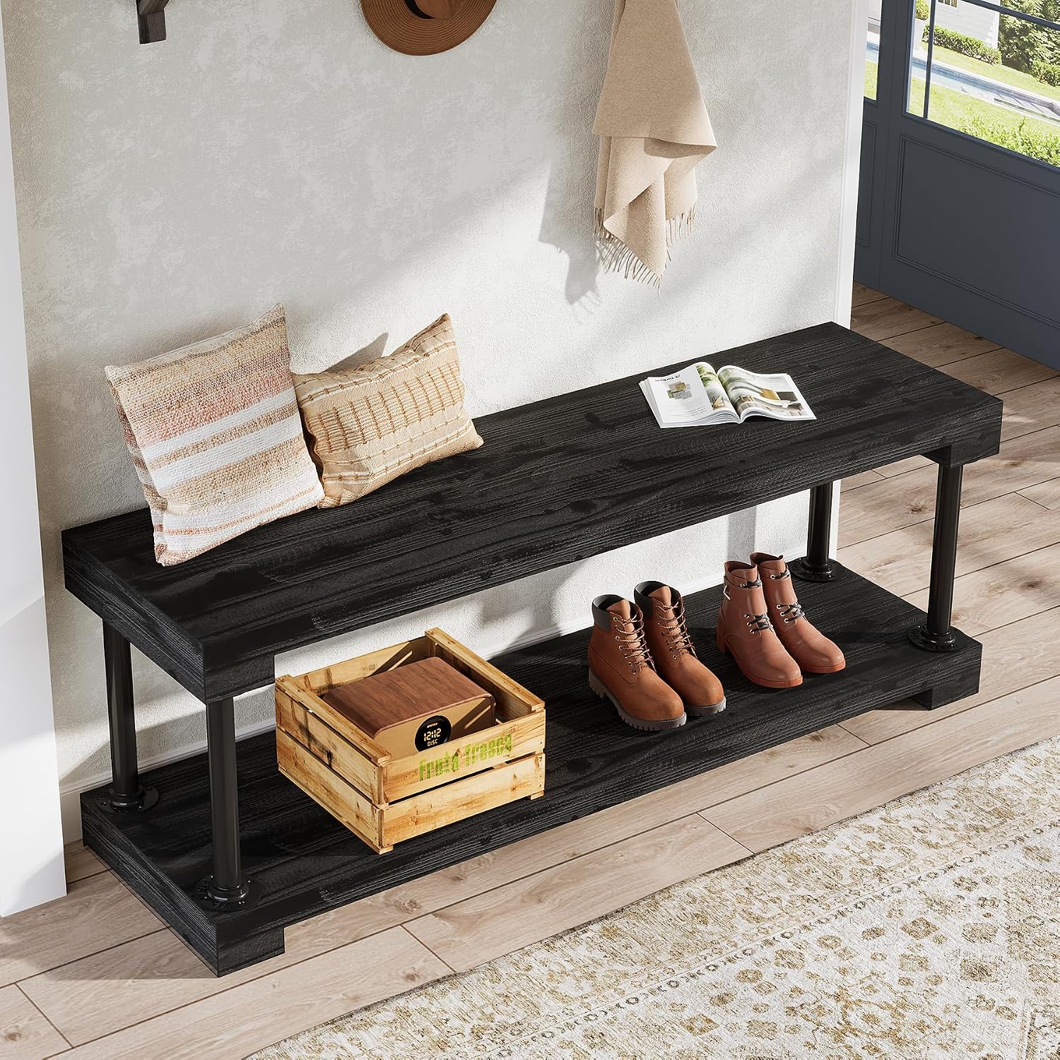 Tribesigns 63" Solid Wood Entryway Bench, Industrial Storage Bench with Shelf