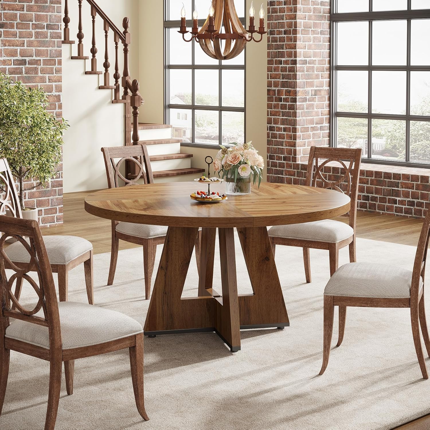 47-Inch Round Farmhouse Dining Table for 4–6 with Cross-Style Pedestal Base