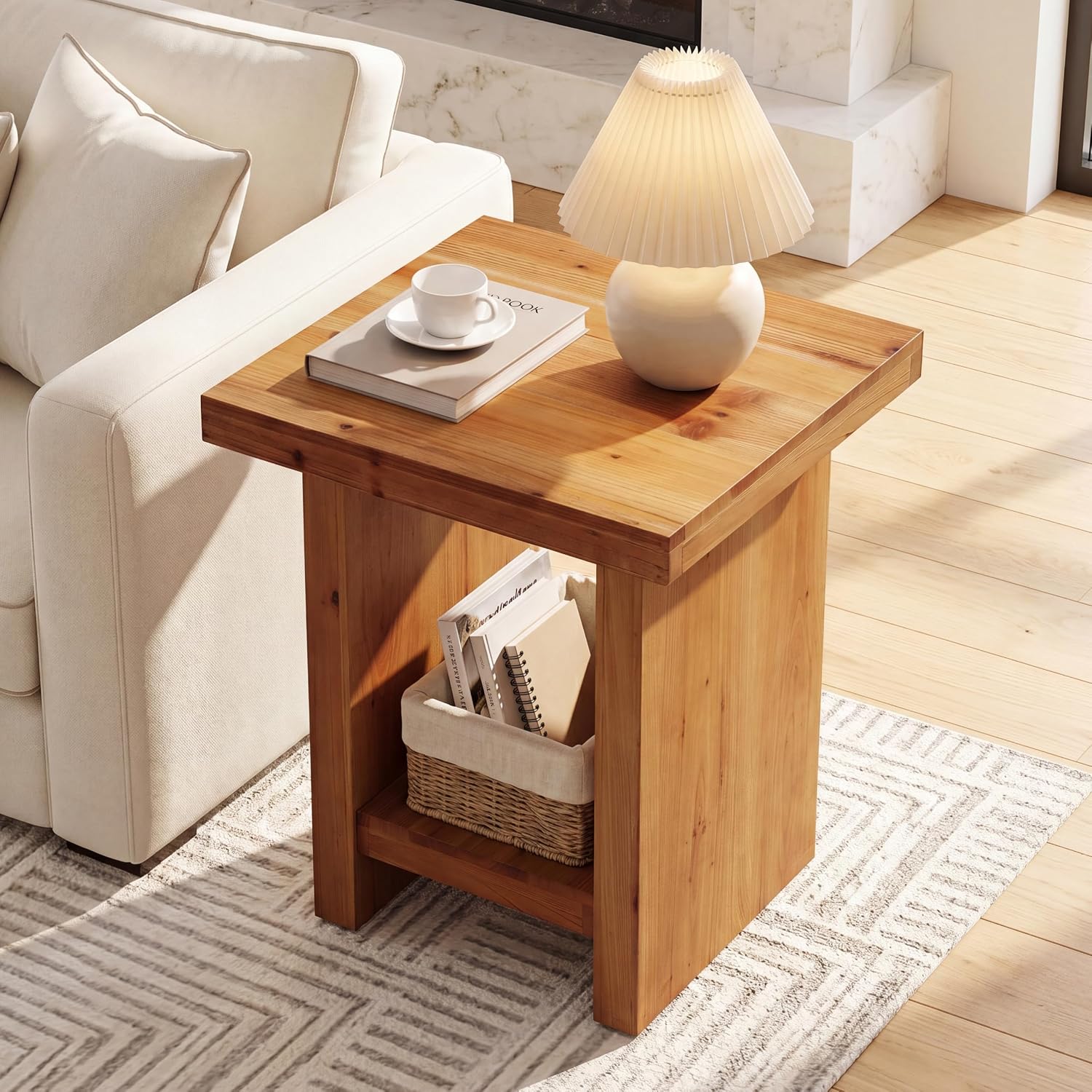 19.6" Solid Wood End Table, Farmhouse Side Table Nightstand with Open Storage