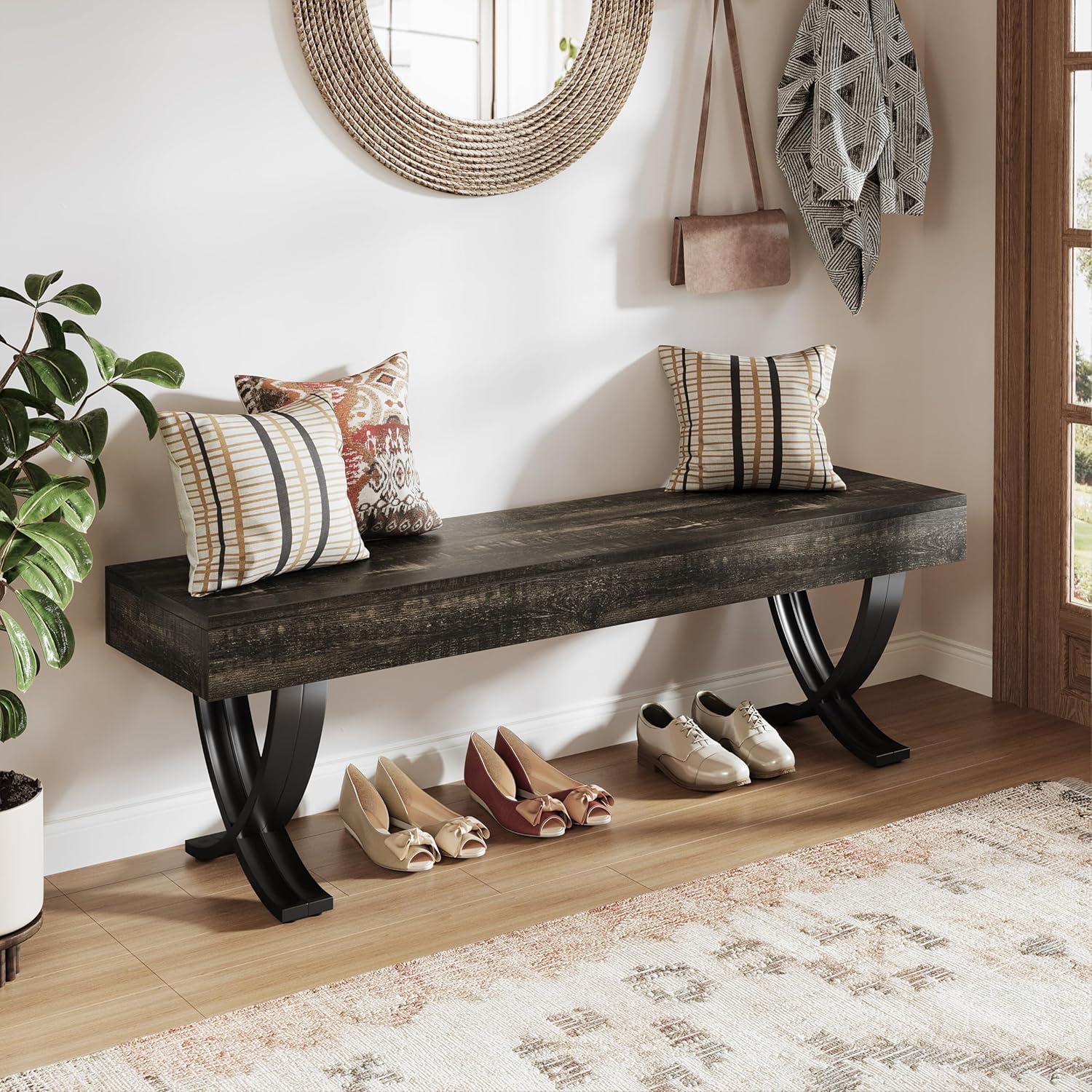 55" Entryway Shoe Bench, Industrial End of Bed Stool with Metal X-Shaped Legs