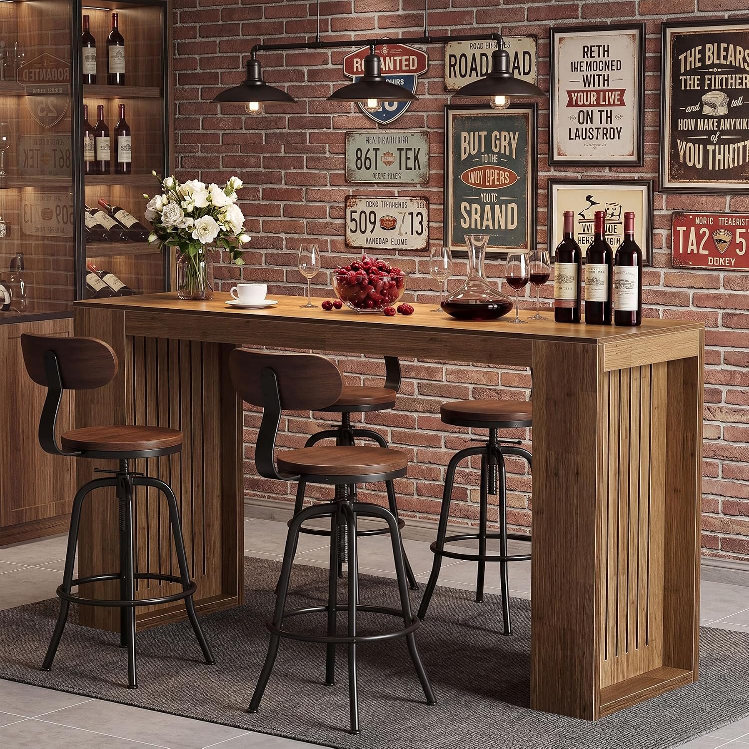 63" Long Bar Table, Counter Height Home Bar Unit Dining Table