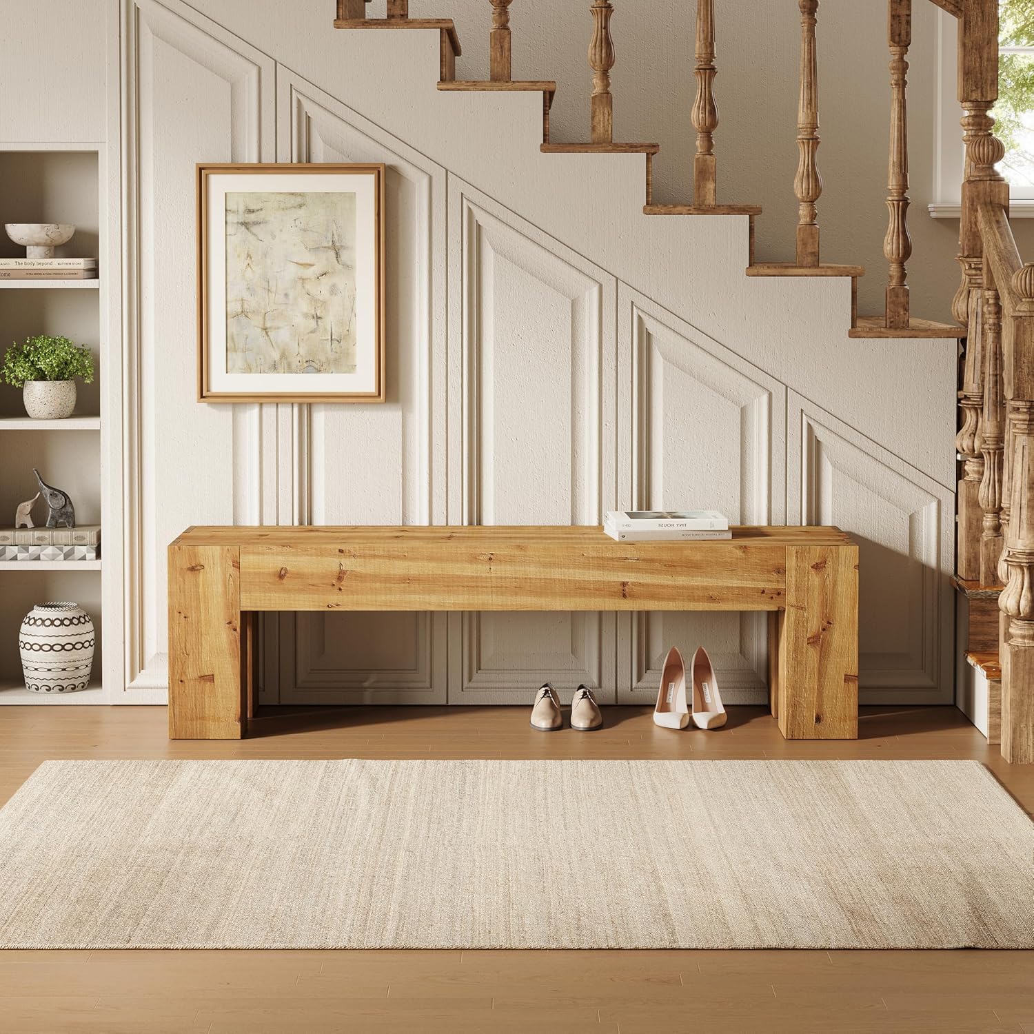 63" Entryway Bench, Solid Wood Bench Heavy Duty TV Stand Media Consoles