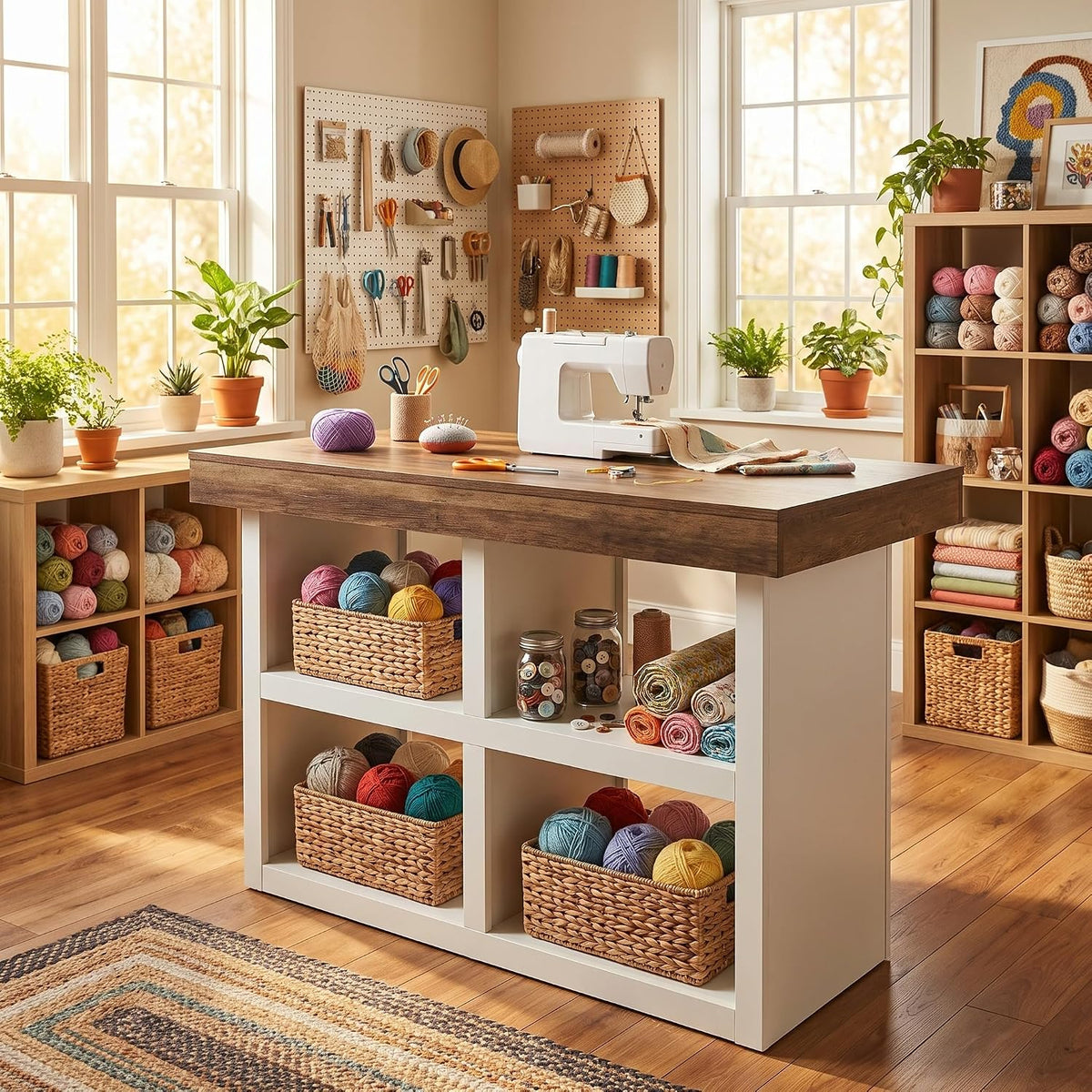 55" Sewing Cabinet Table, 4 Open Compartments, Counter Height Art Craft Storage Desk