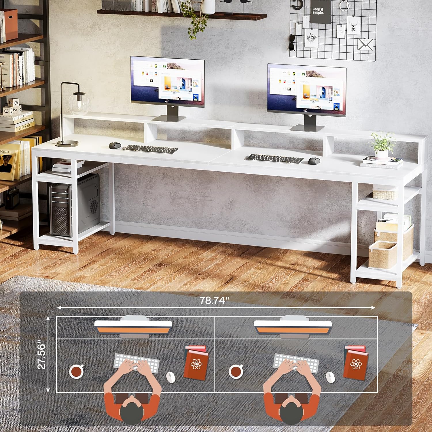 78.74" Extra Long Two Person Desk, Double Computer Desk with Storage Shelves
