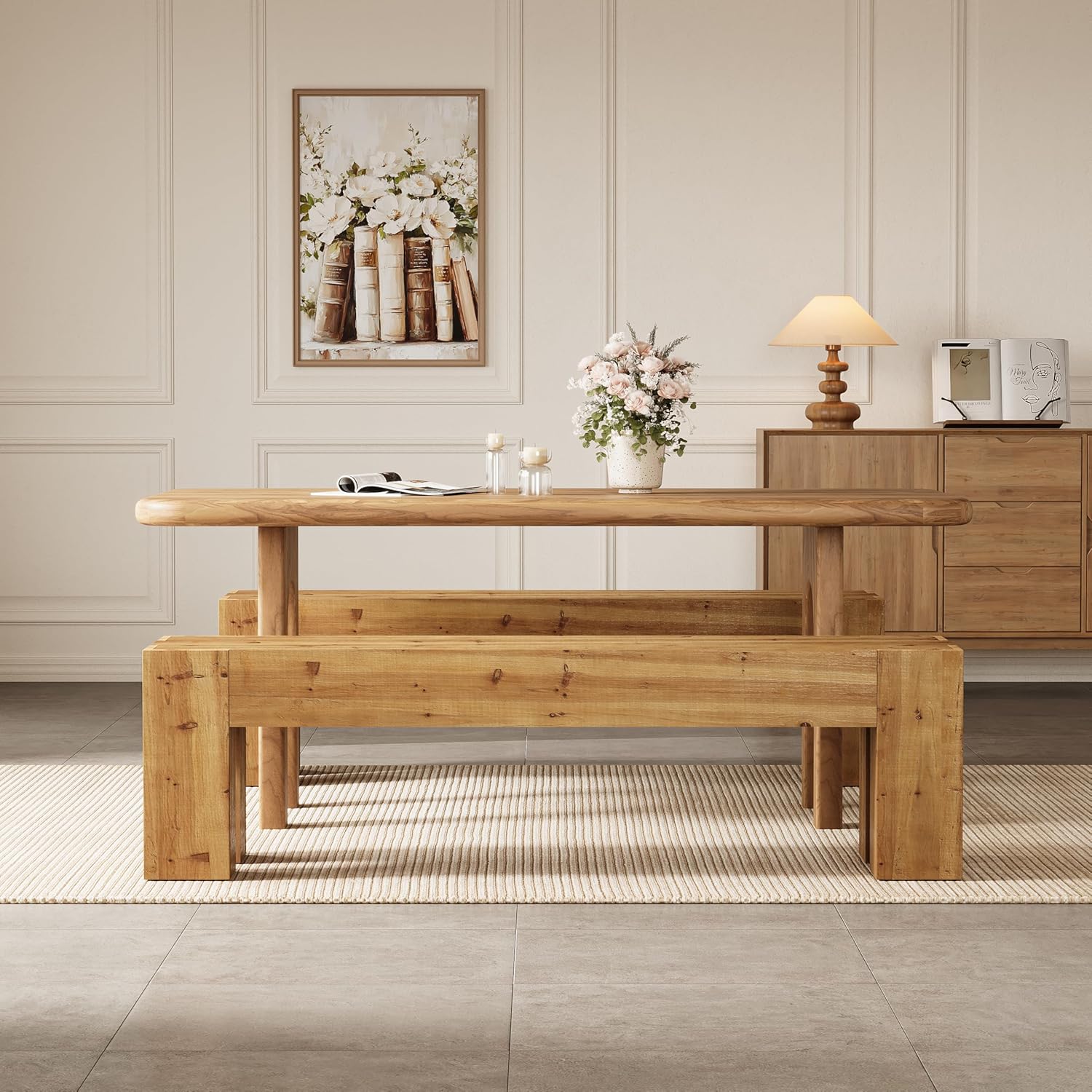 63" Long Dining Bench, Wood Kitchen Table Bench with Sturdy Frame