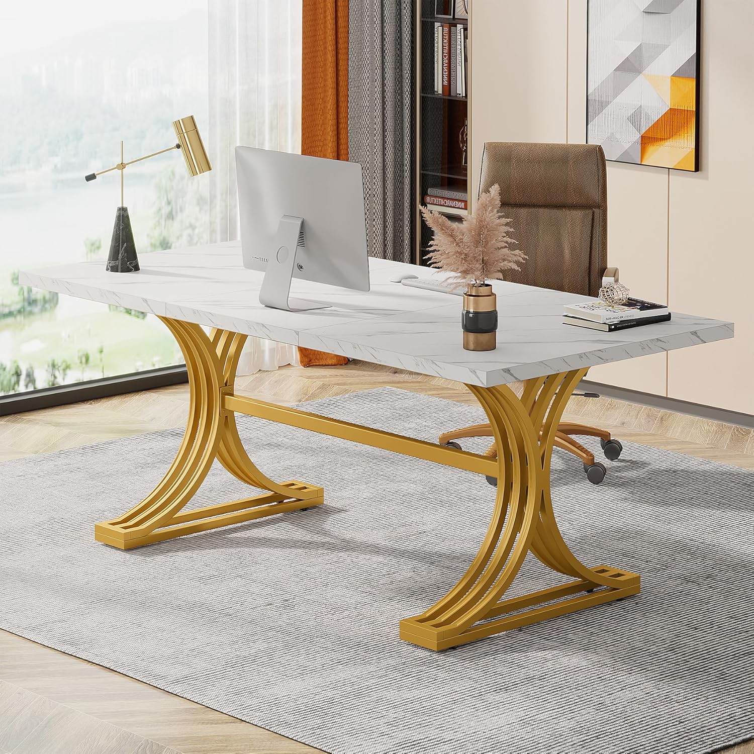 63" Computer Desk with Faux Marble Surface and Gold Metal Base, Modern Executive Desk