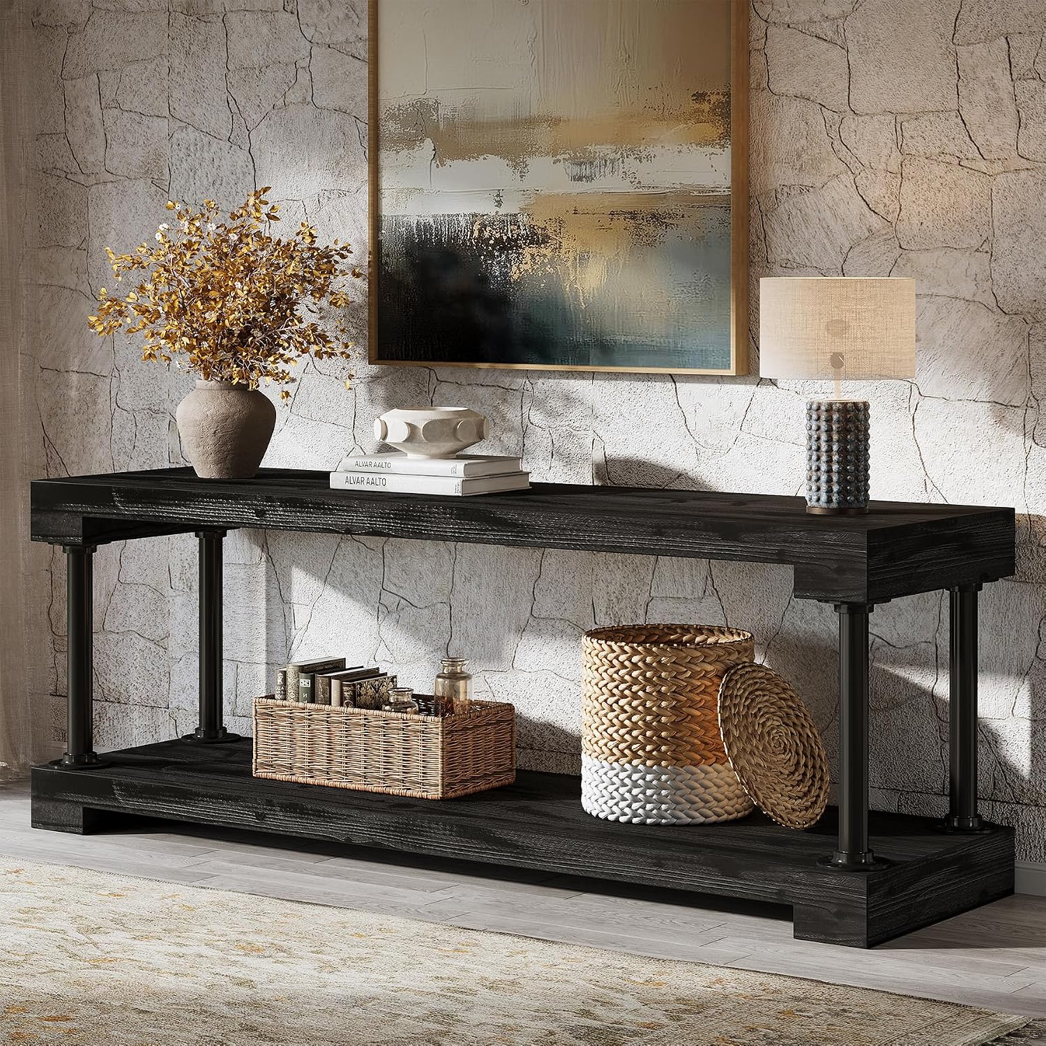 Tribesigns 63-Inch Solid Wood TV Stand, Vintage Media Console Table with Storage