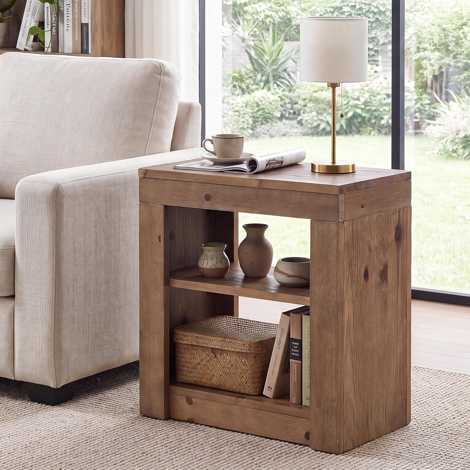 Solid Wood Rectangle End Table, Slim Side Table with Storage Shelf for Living Room