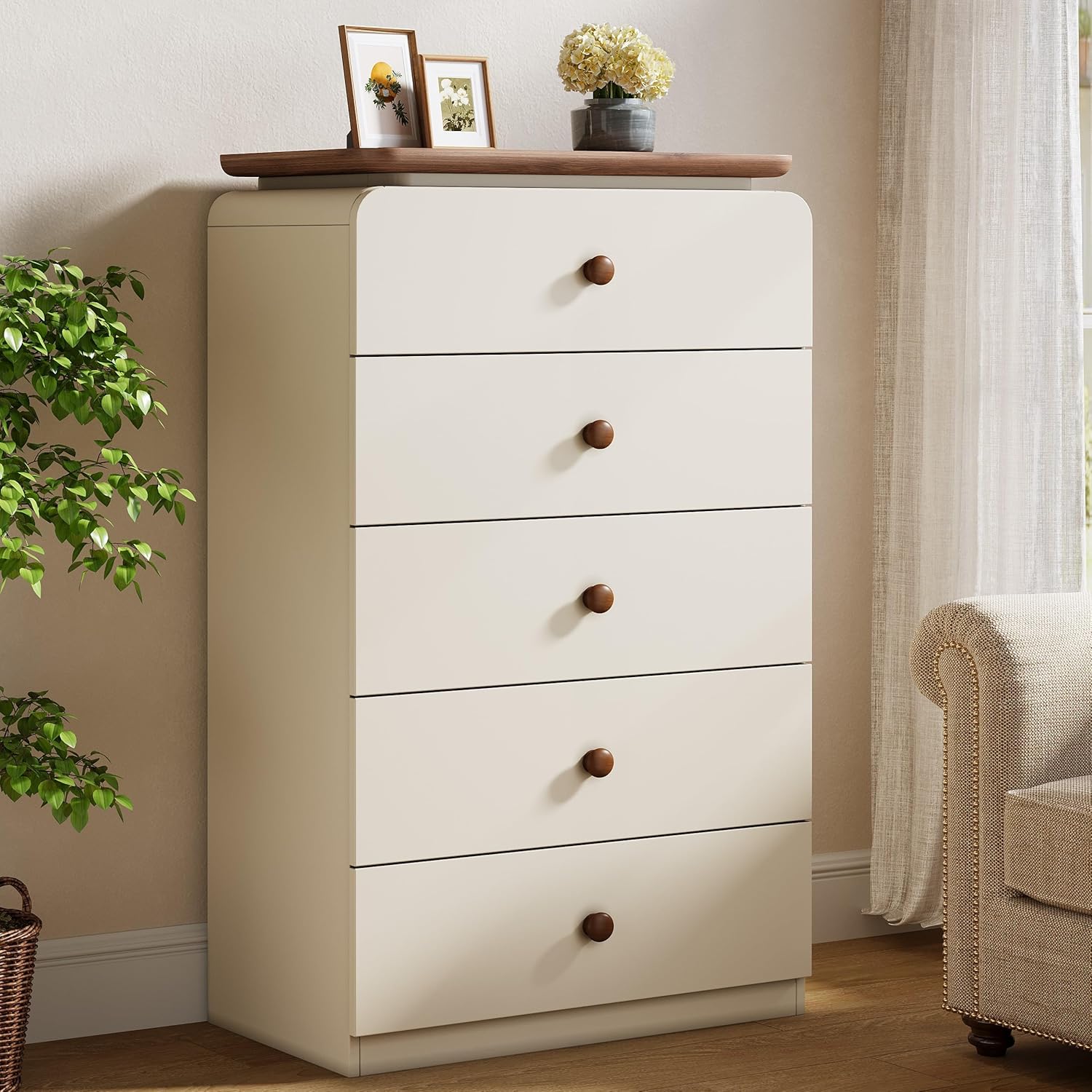 45" Storage Cabinet, Farmhouse 5 Drawers Chest Storage Organizer