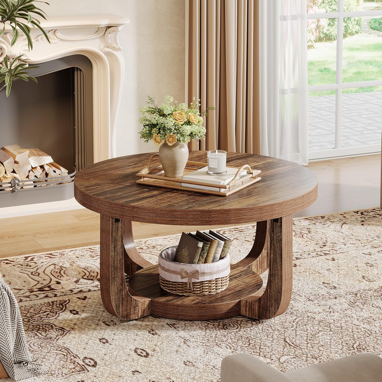 31.5" Coffee Table, Modern 2 - Tier Circle Center Table with Storage Tribesigns