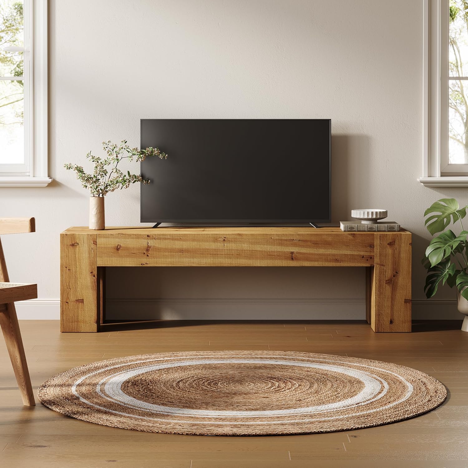 63" Entryway Bench, Solid Wood Bench Heavy Duty TV Stand Media Consoles