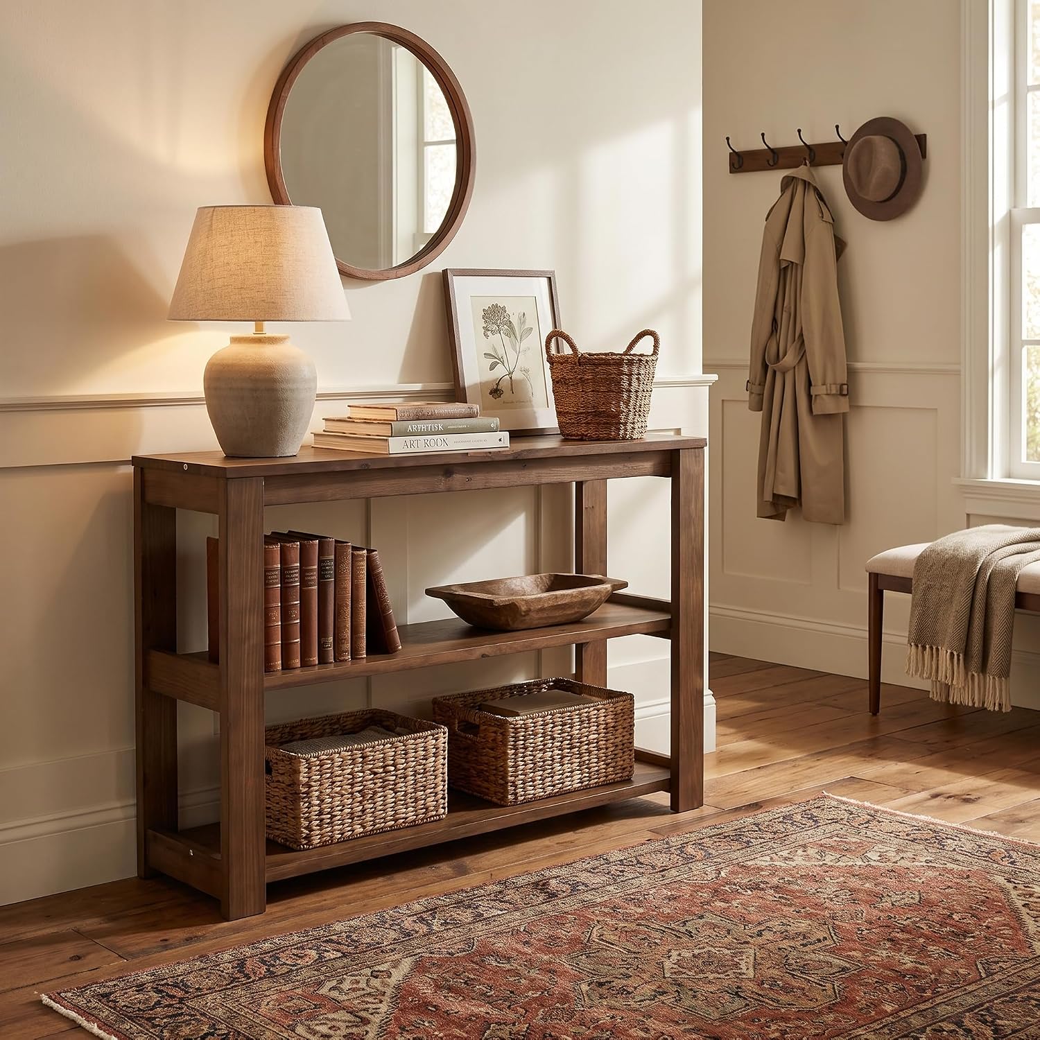 41.3" Solid Wood Console Tabale, Farmhouse Sofa Table with 3-Tier Shelves
