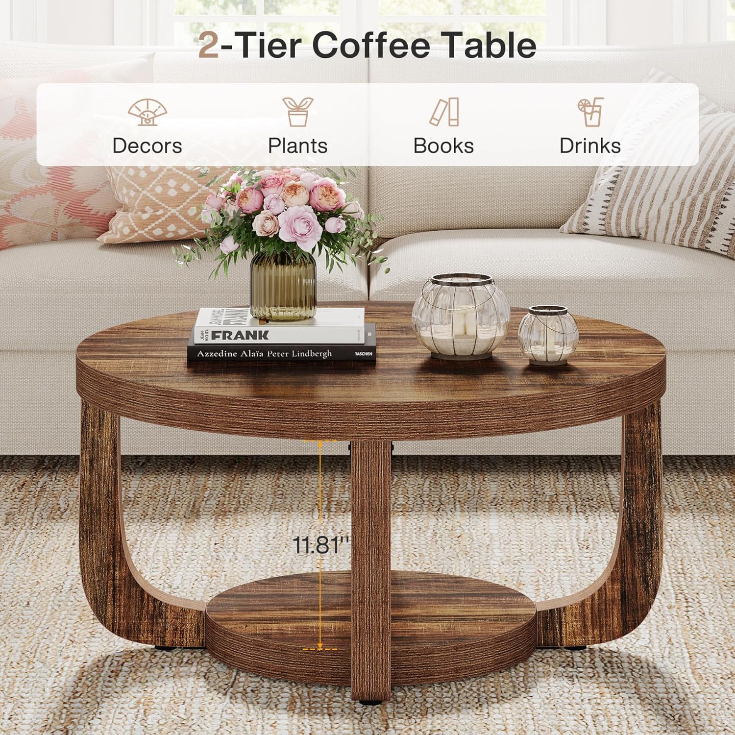 31.5" Coffee Table, Modern 2 - Tier Circle Center Table with Storage Tribesigns