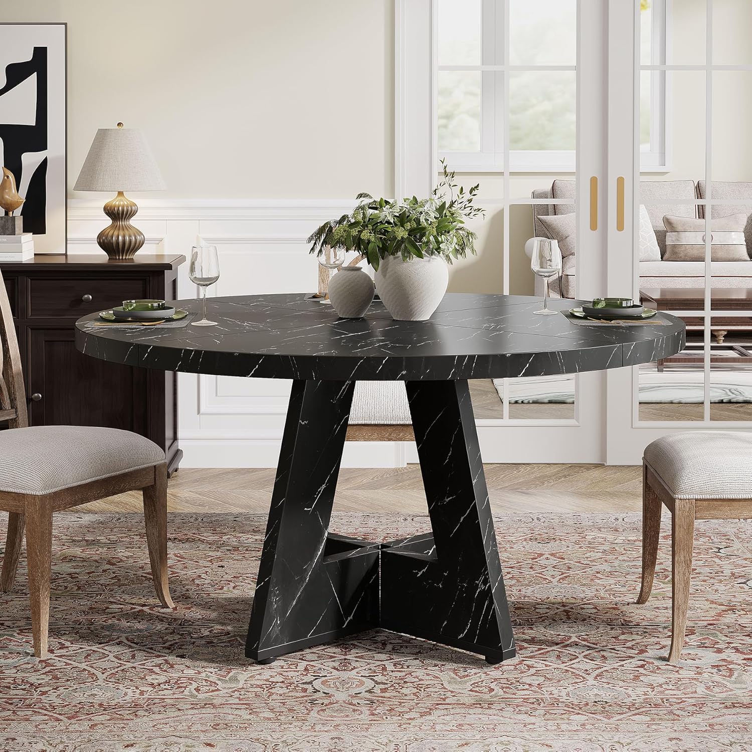 47-Inch Round Farmhouse Dining Table for 4–6 with Cross-Style Pedestal Base