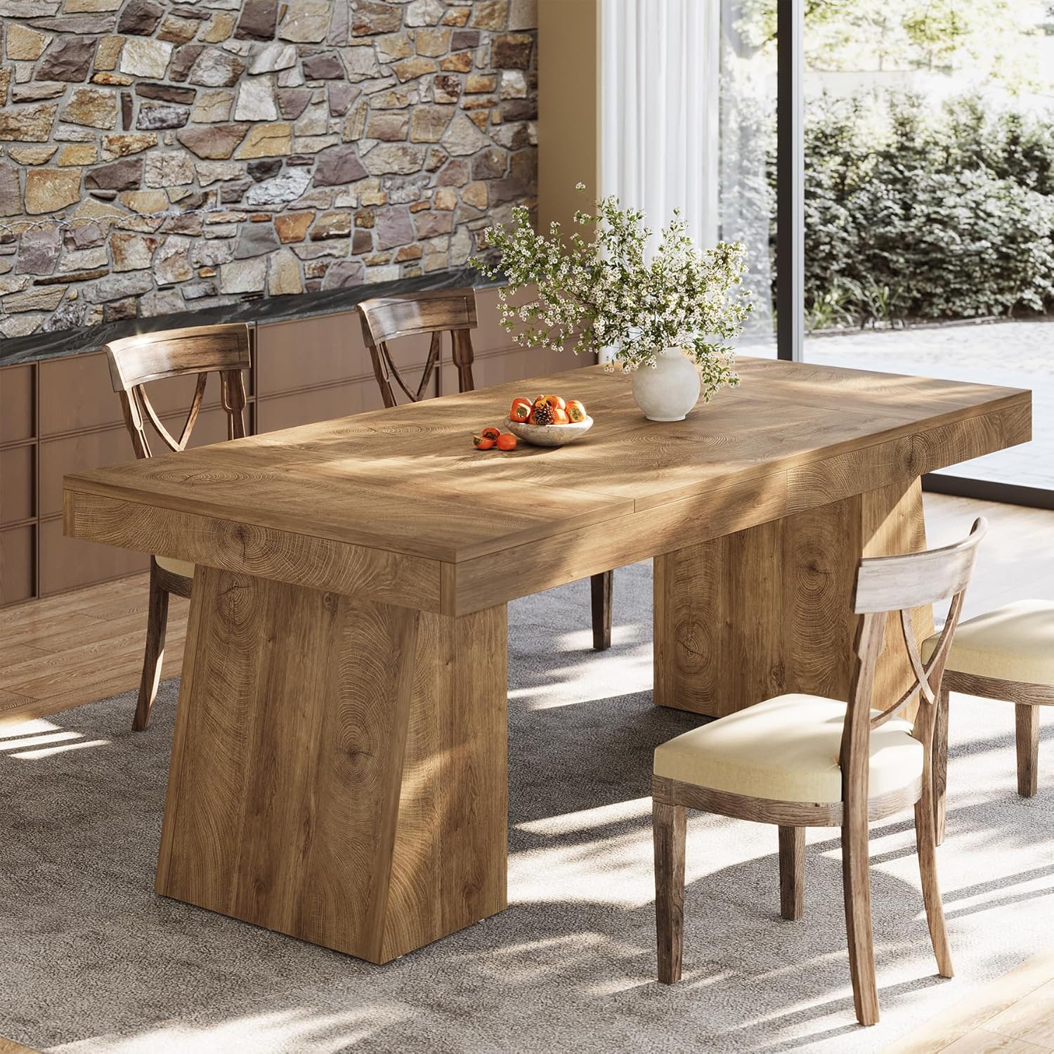 55 Inch Farmhouse Double Pedestal Dining Table, Rectangular Table for 4-6 in Small Spaces