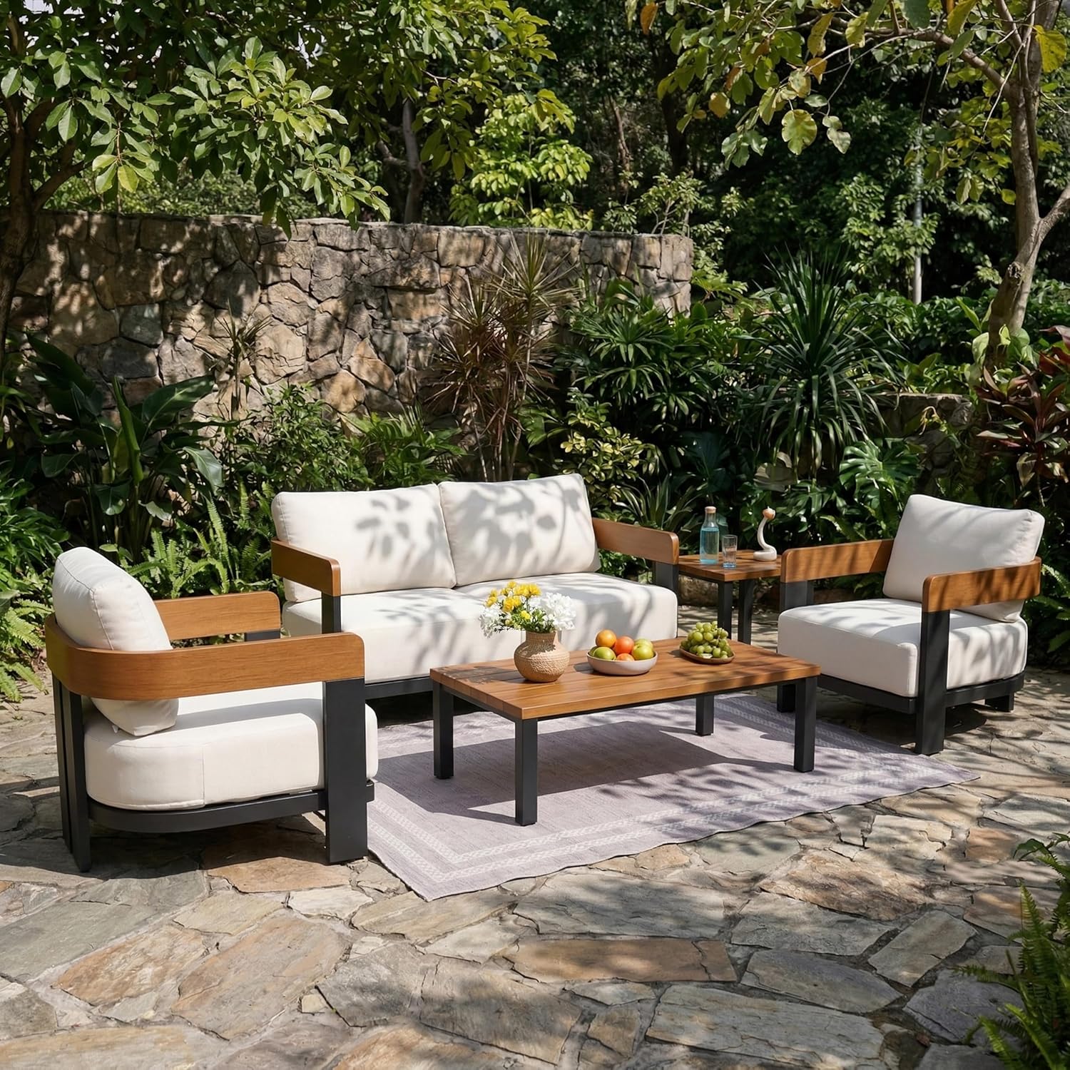 5-Piece Outdoor Conversation Set, 4 Seats Patio Sectional with Coffee Table & Side Table