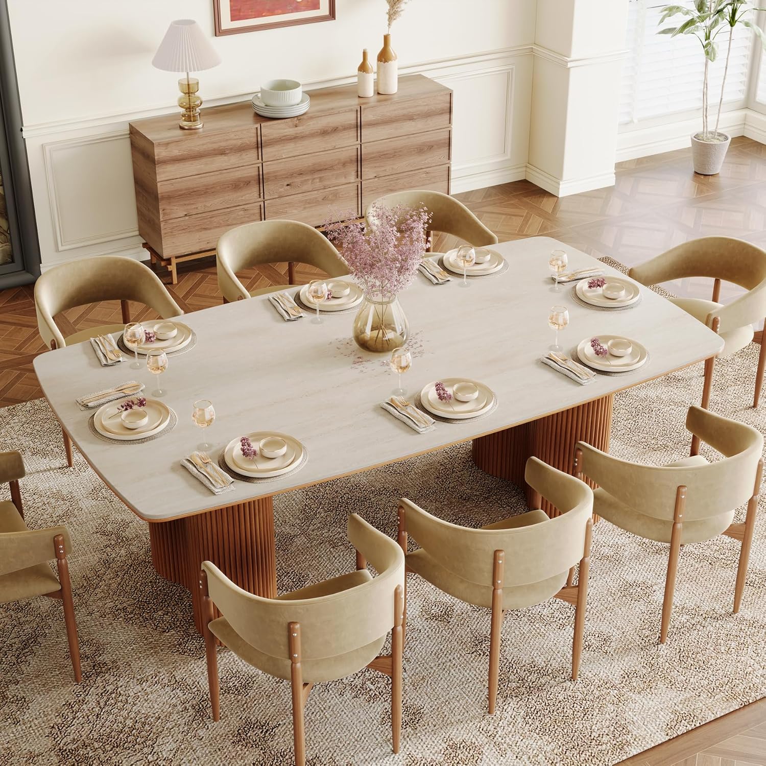Sintered Stone Dining Table for 8 with Solid Wood Legs