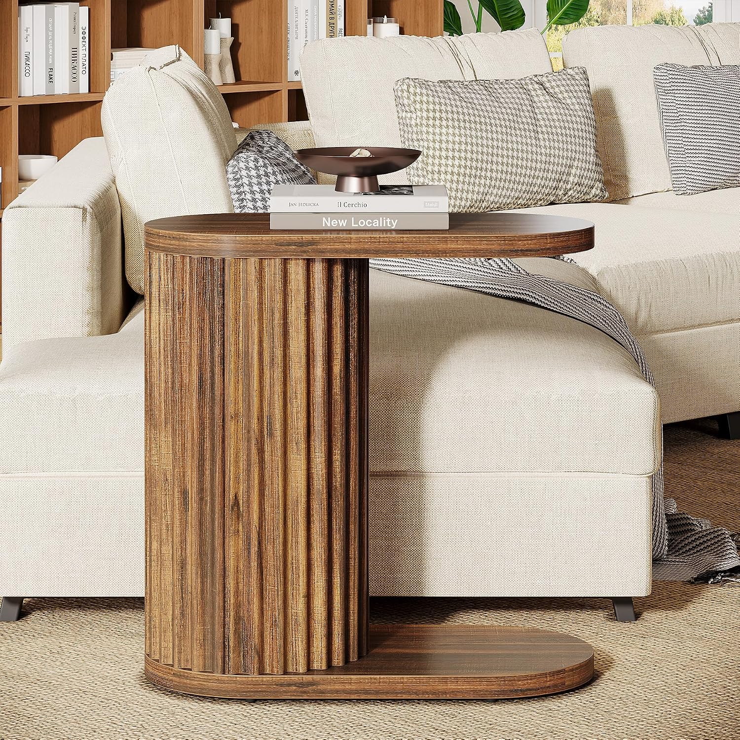 23.62" Fluted C-Shaped End Table with Oval Top, Narrow Side Table for Couch