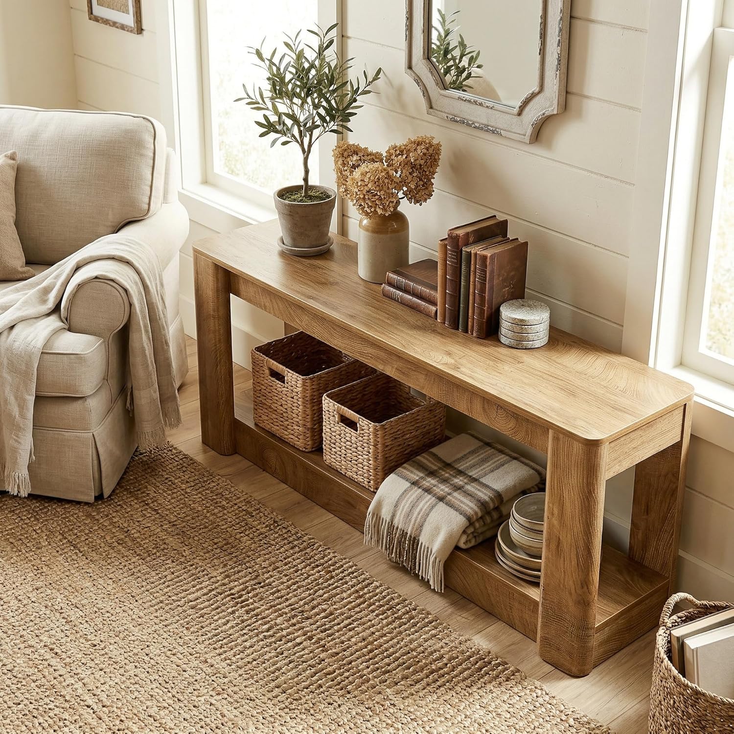 63" Farmhouse Console Table, Narrow Entryway & Sofa Table with Open Lower Shelf