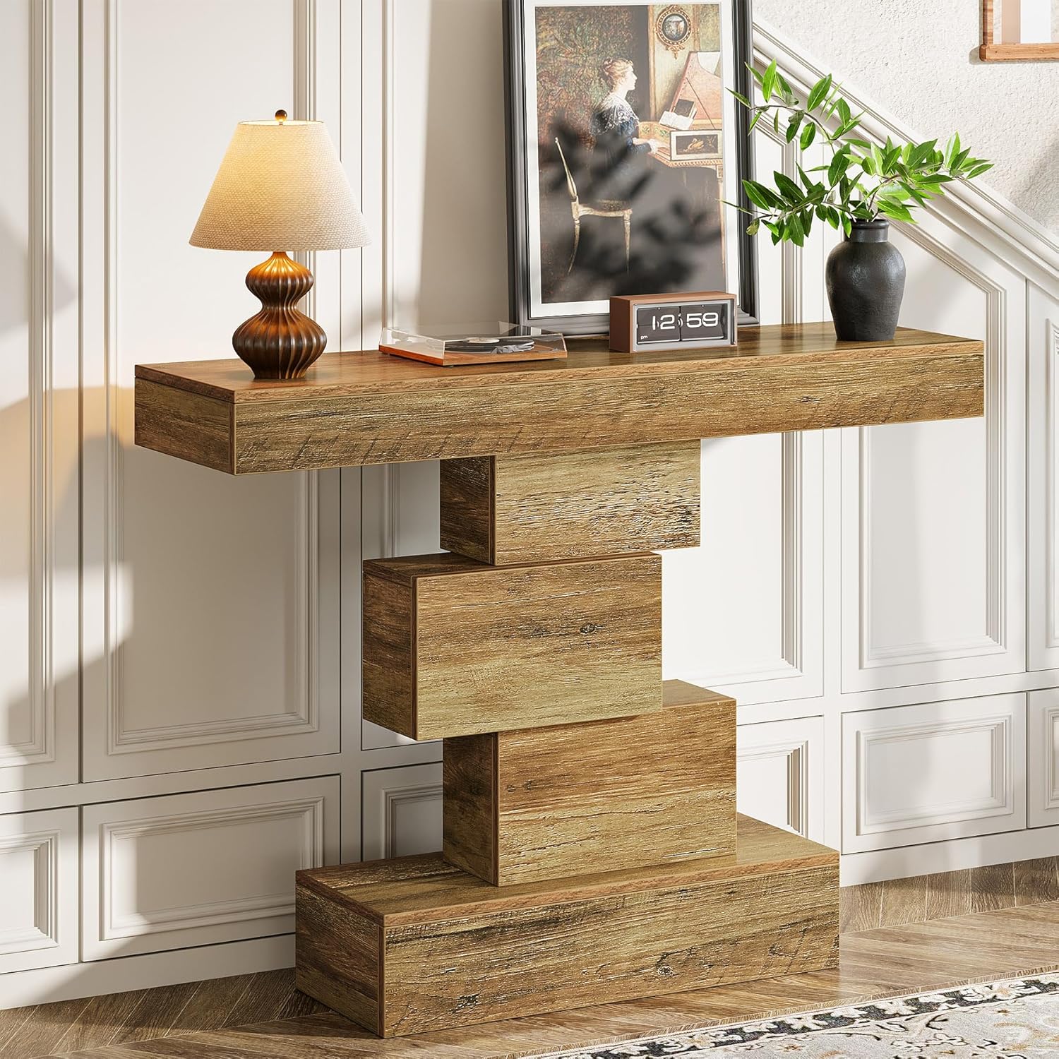 42.5" Rustic Brown Farmhouse Console, Industrial Geometric Sofa Table for Hallway Entrance