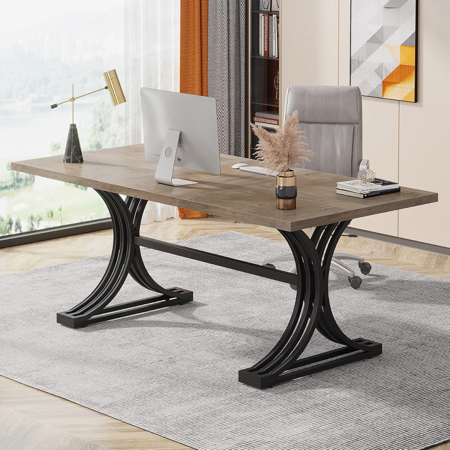 63" Computer Desk with Faux Marble Surface and Gold Metal Base, Modern Executive Desk