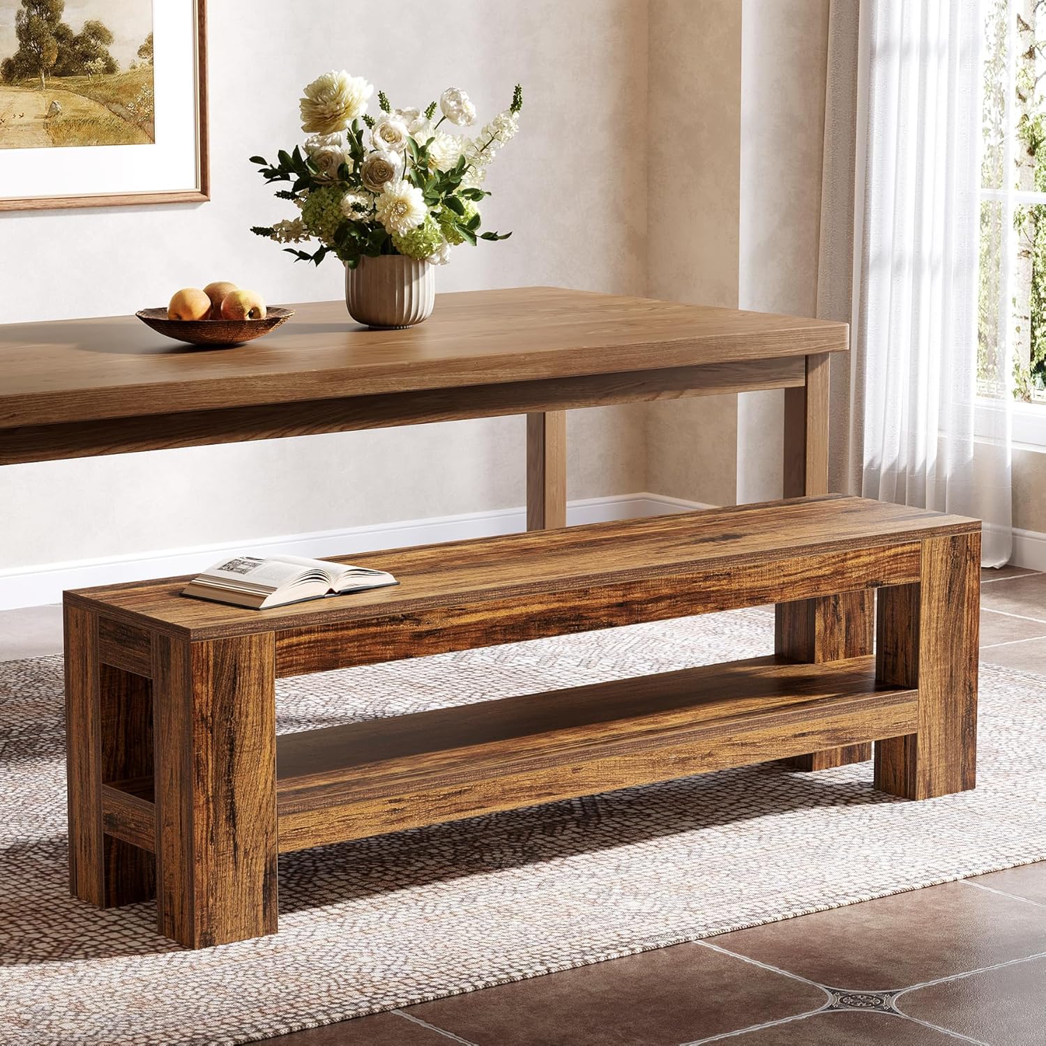 59" Wooden Dining Bench, Farmhouse Indoor Kitchen Bench with Storage Shelf