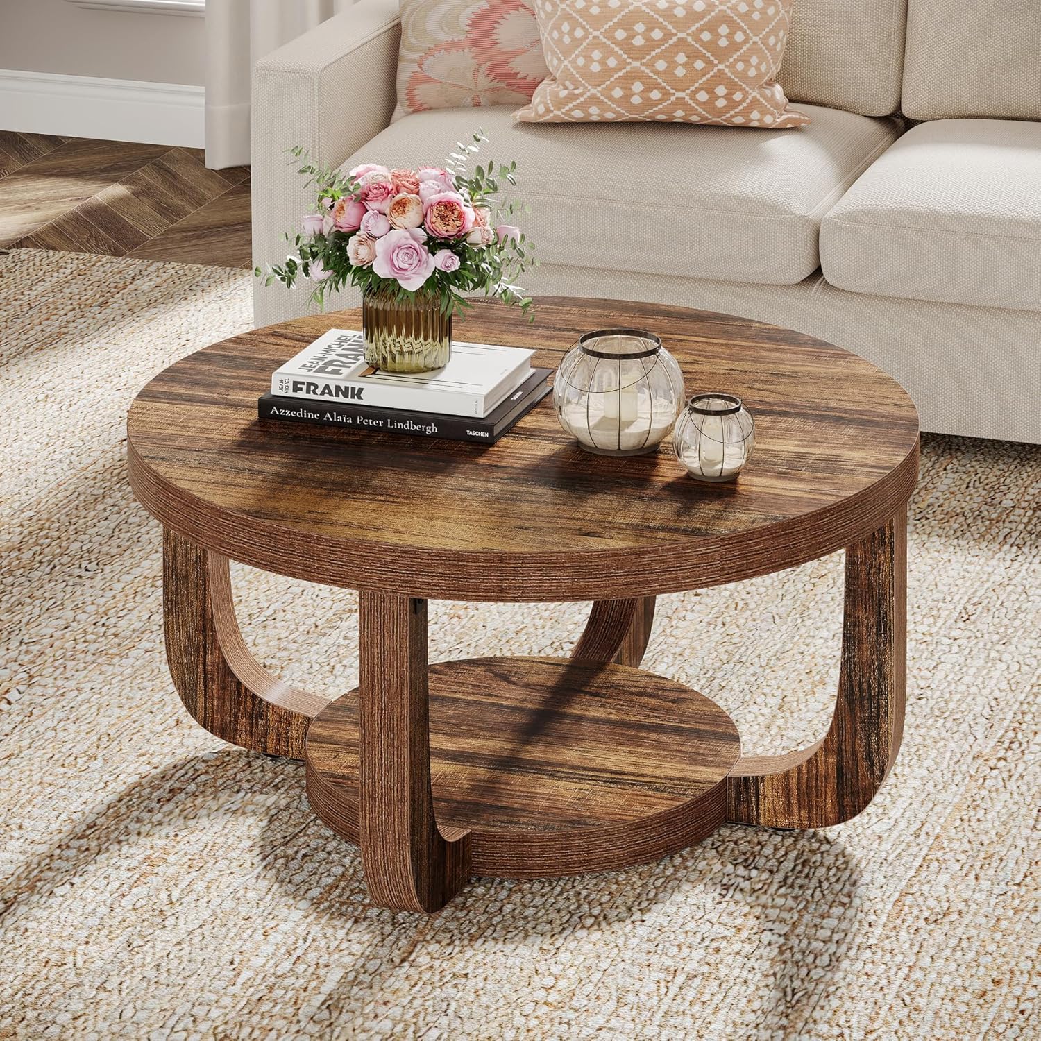 31.5" Coffee Table, Modern 2 - Tier Circle Center Table with Storage Tribesigns