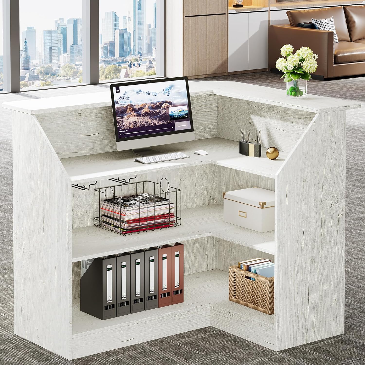 L-Shaped Reception Desk with Storage Shelves, Modern Front Desk for Small Office or Salon