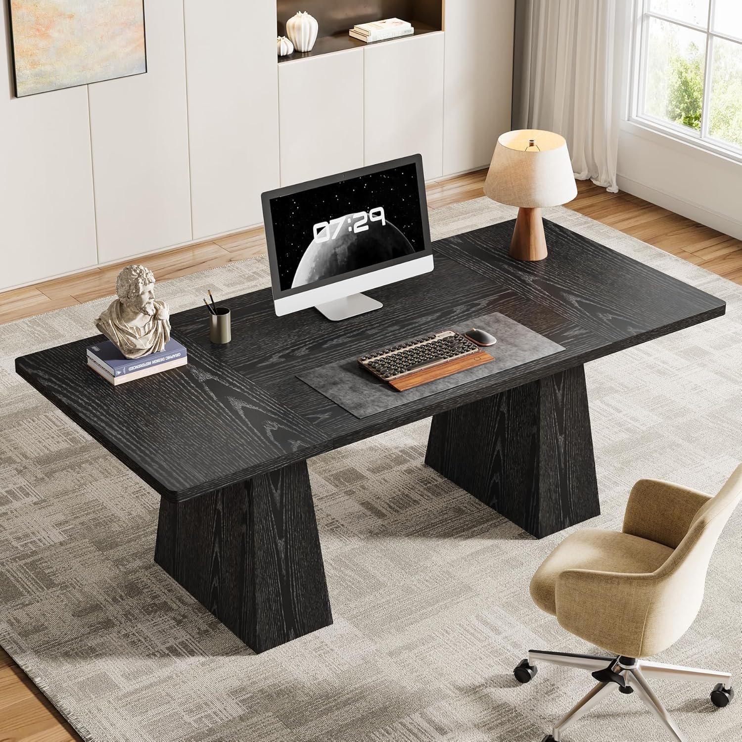 63" Executive Office Desk, Modern Black Double Pedestal Workstation for Home