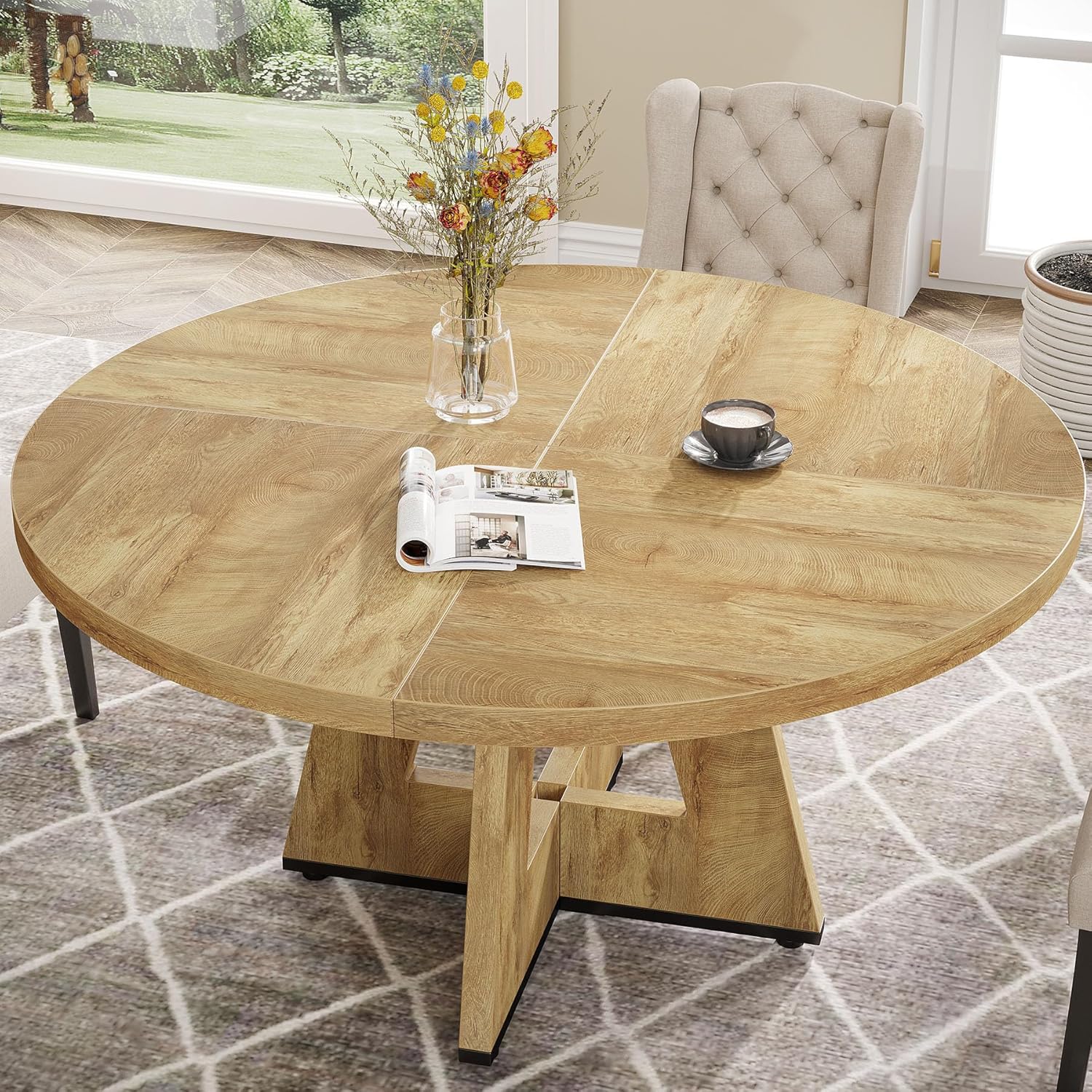 47-Inch Round Farmhouse Dining Table for 4–6 with Cross-Style Pedestal Base