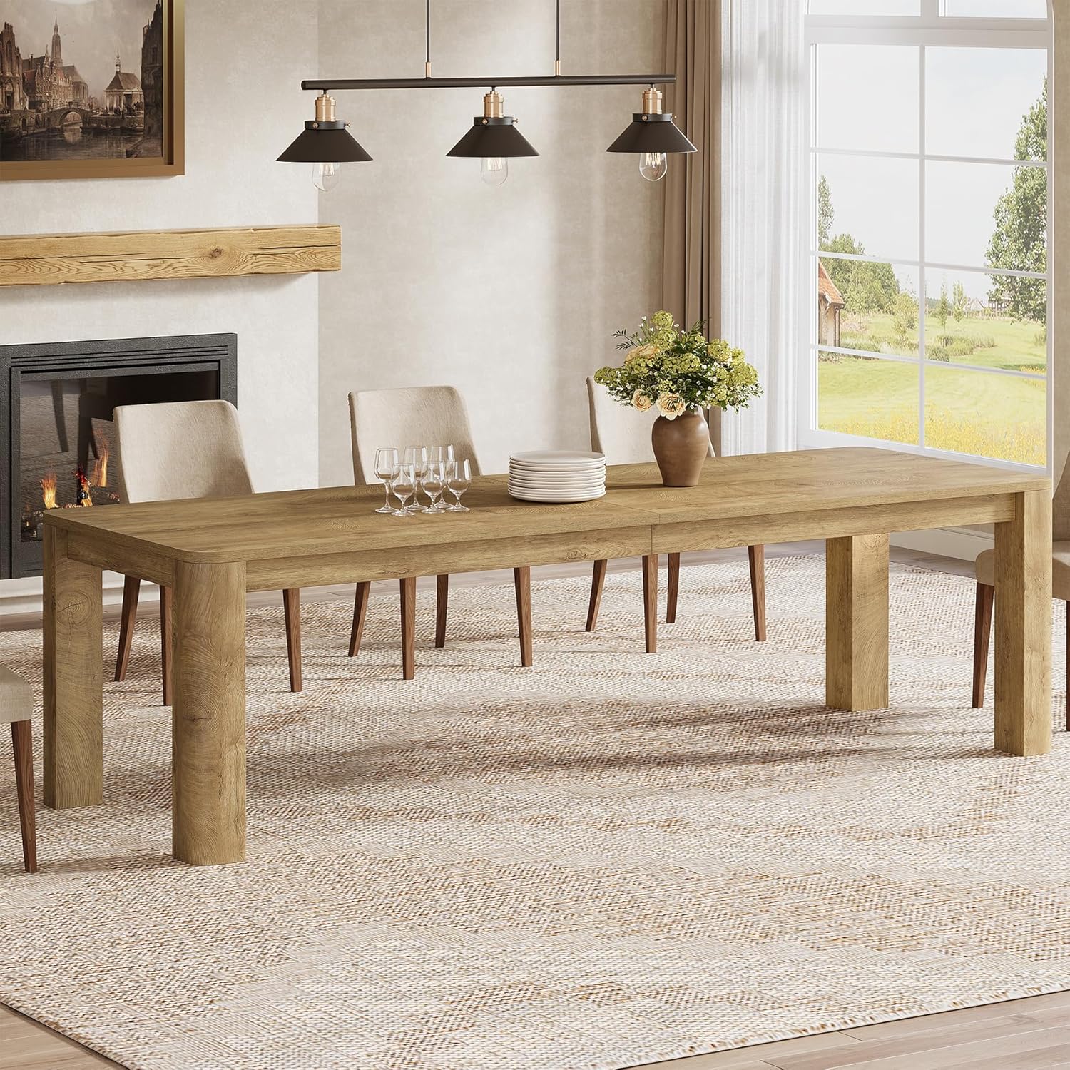 78.74" Dining Table for 6-8, Farmhouse Kitchen Table with Rounded Edges