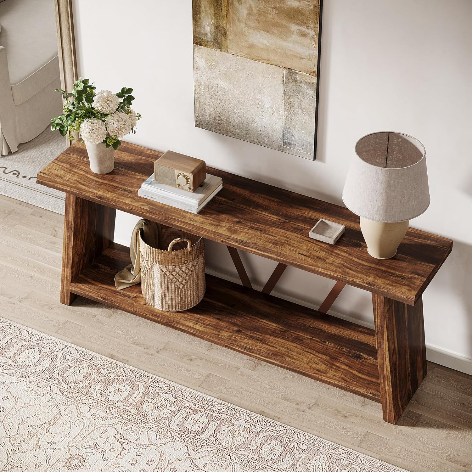 70.86" Extra Long Console Table, 2-Tier Wooden Sofa Table with Storage