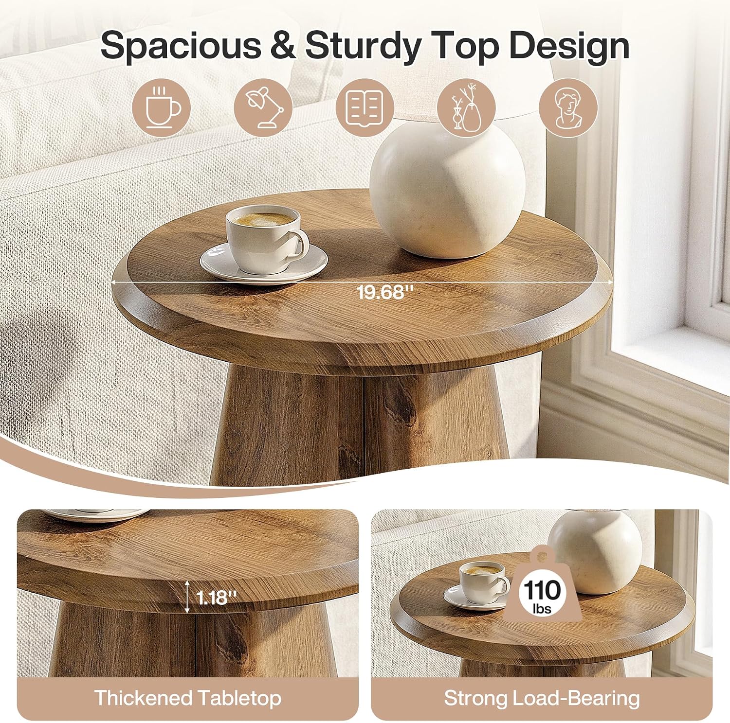 23.6" Round End Table, Modern Accent Side Table with Fluted Pedestal Base
