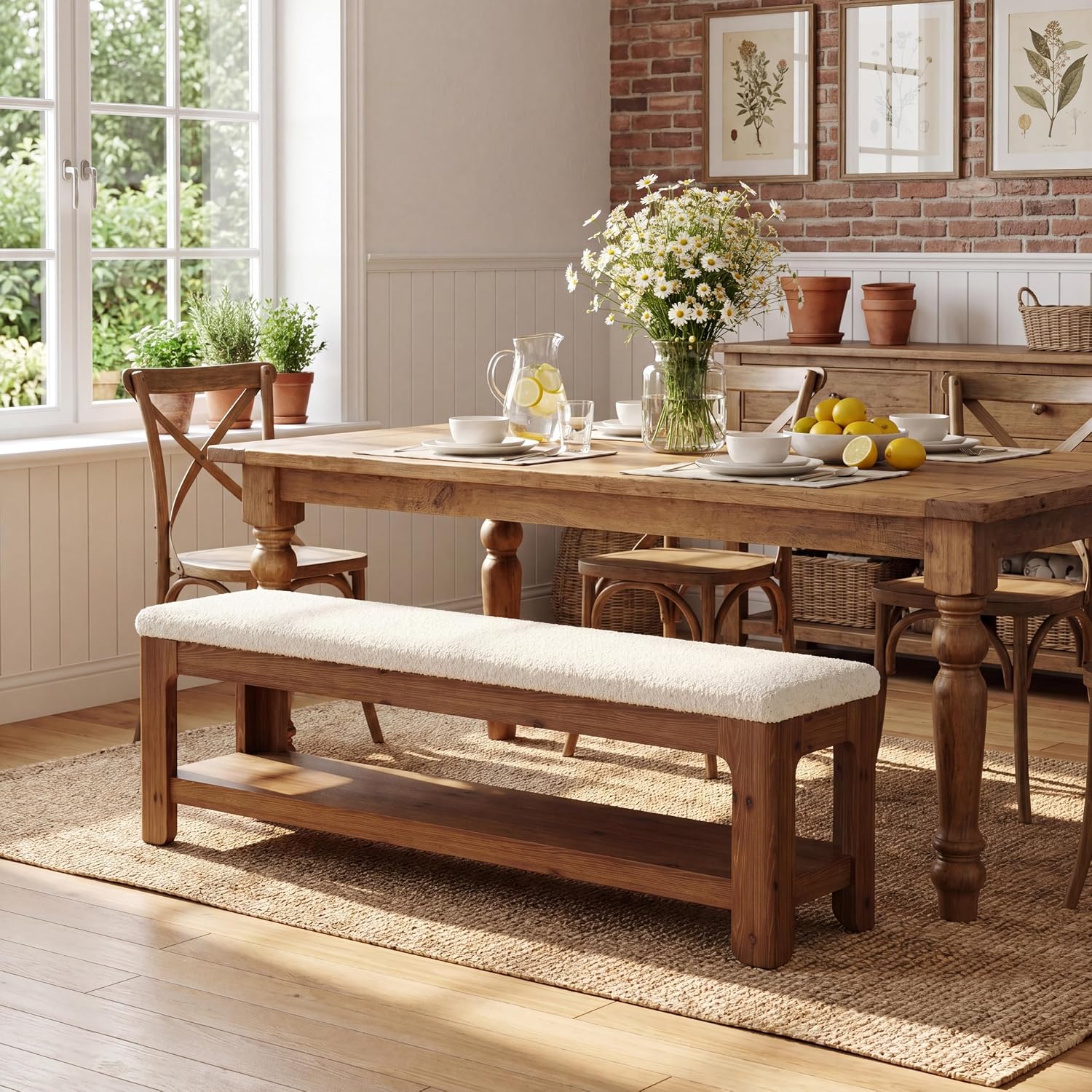 55" Solid Wood Dining Bench, Farmhouse Upholstered Bench with 2-Tier Storage Shelf