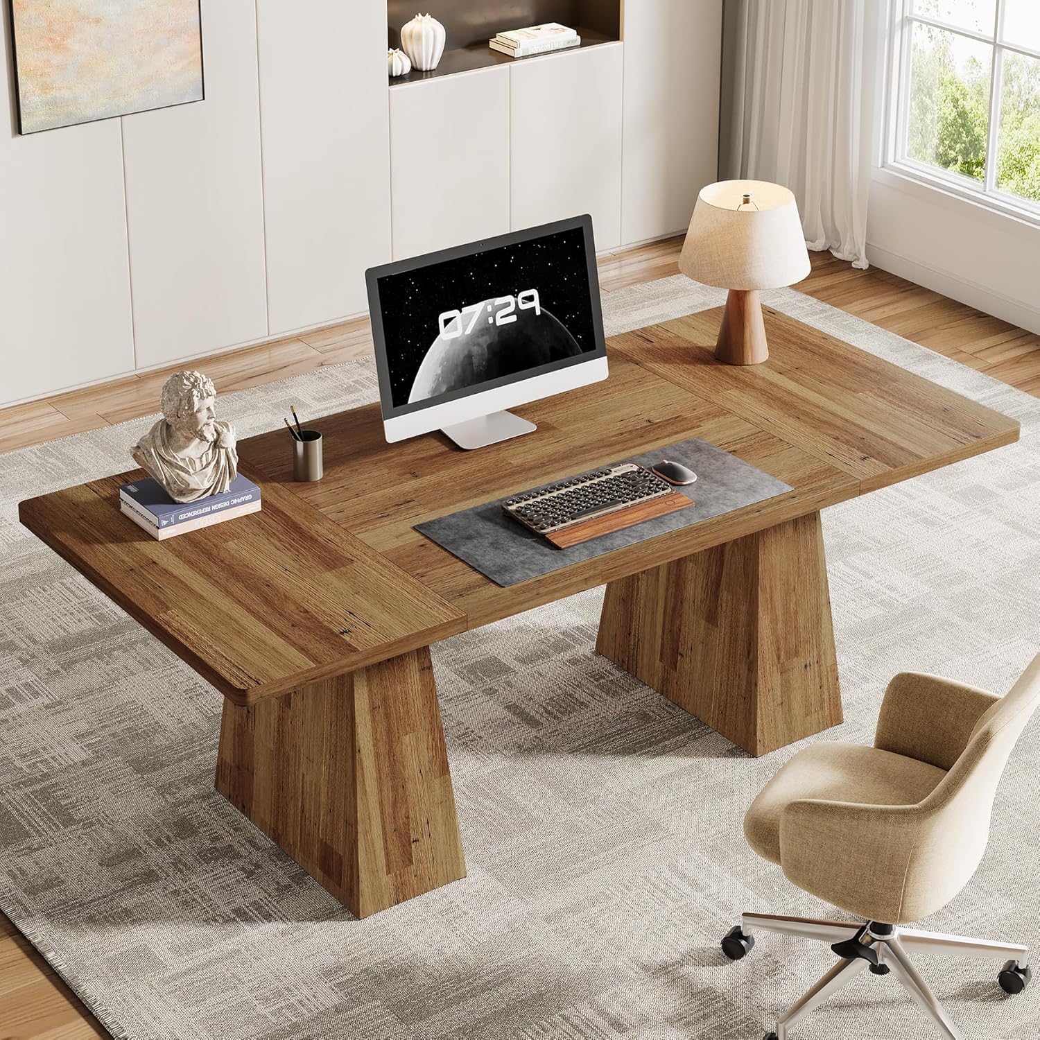 63" Executive Office Desk, Modern Black Double Pedestal Workstation for Home