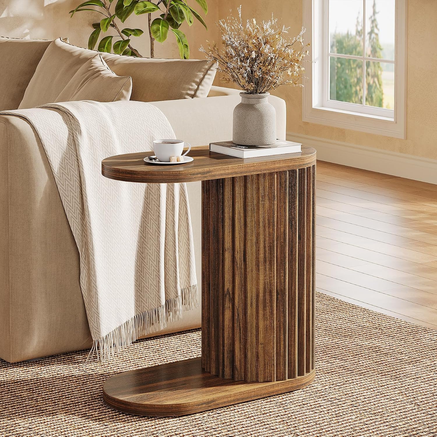 23.62" Fluted C-Shaped End Table with Oval Top, Narrow Side Table for Couch