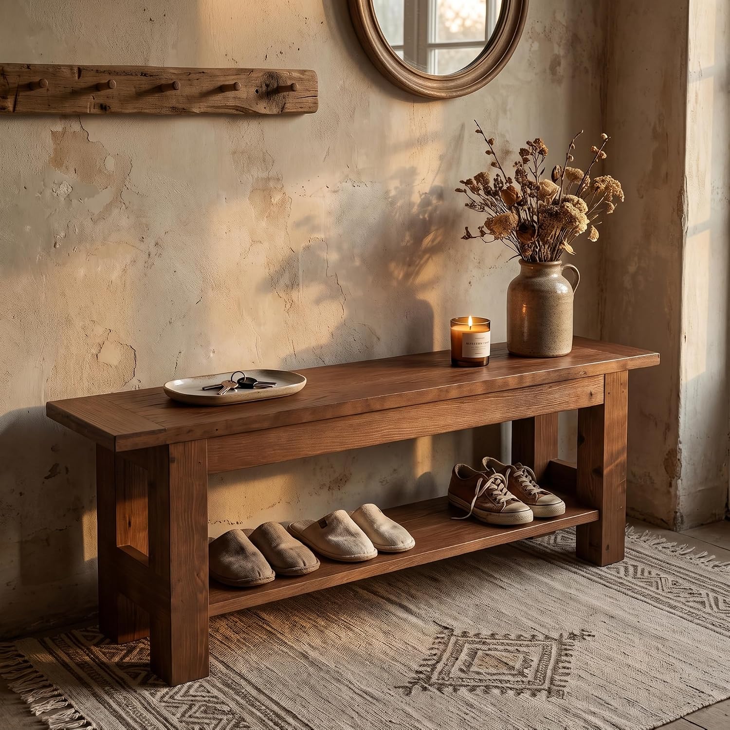 71" Extra Long Entryway Bench with Shoe Storage, Rustic Farmhouse Solid Wood, 2-Tier, Hallway