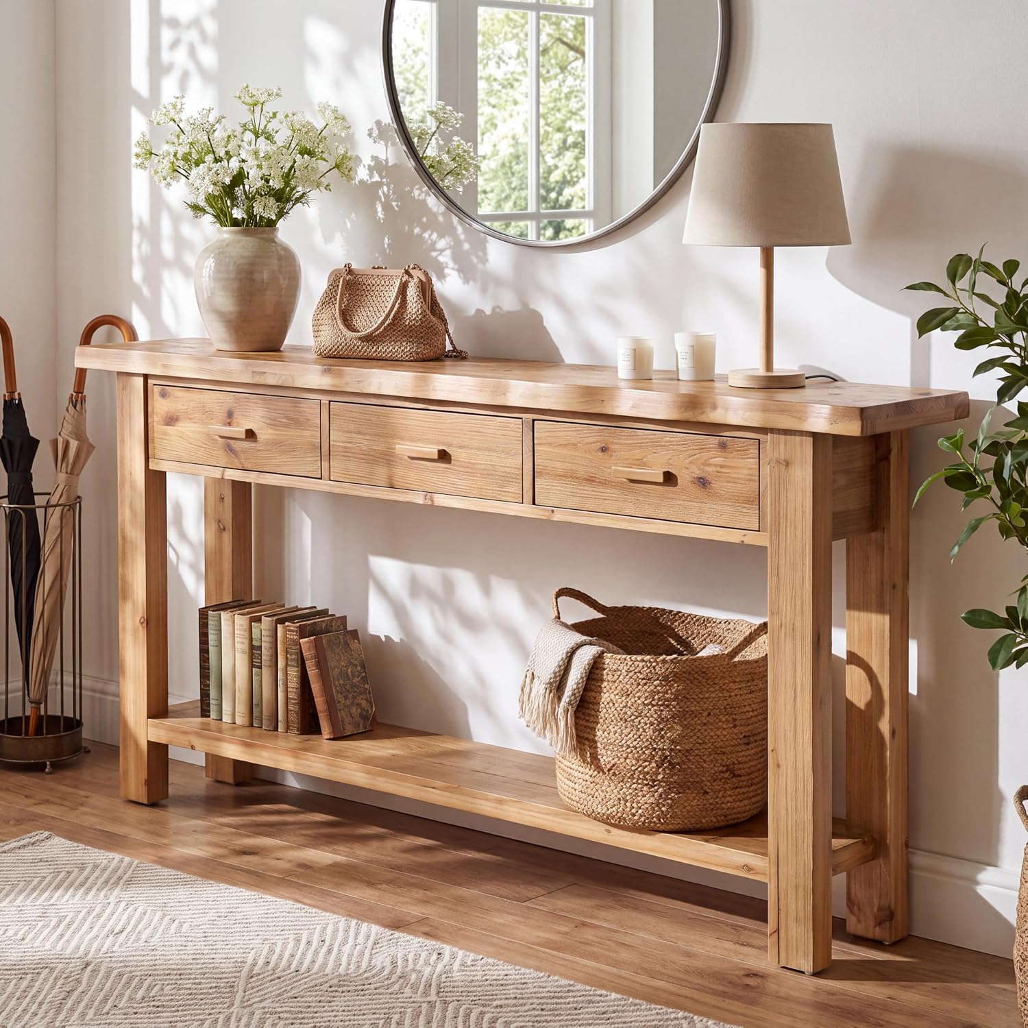 70.9" Solid Wood Console Table, Entryway Table with 3 Drawers For Living Room