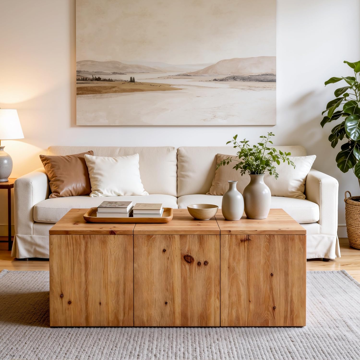 47" Rectangle Coffee Table, Solid Wood Center Table with Natural Wood Grain