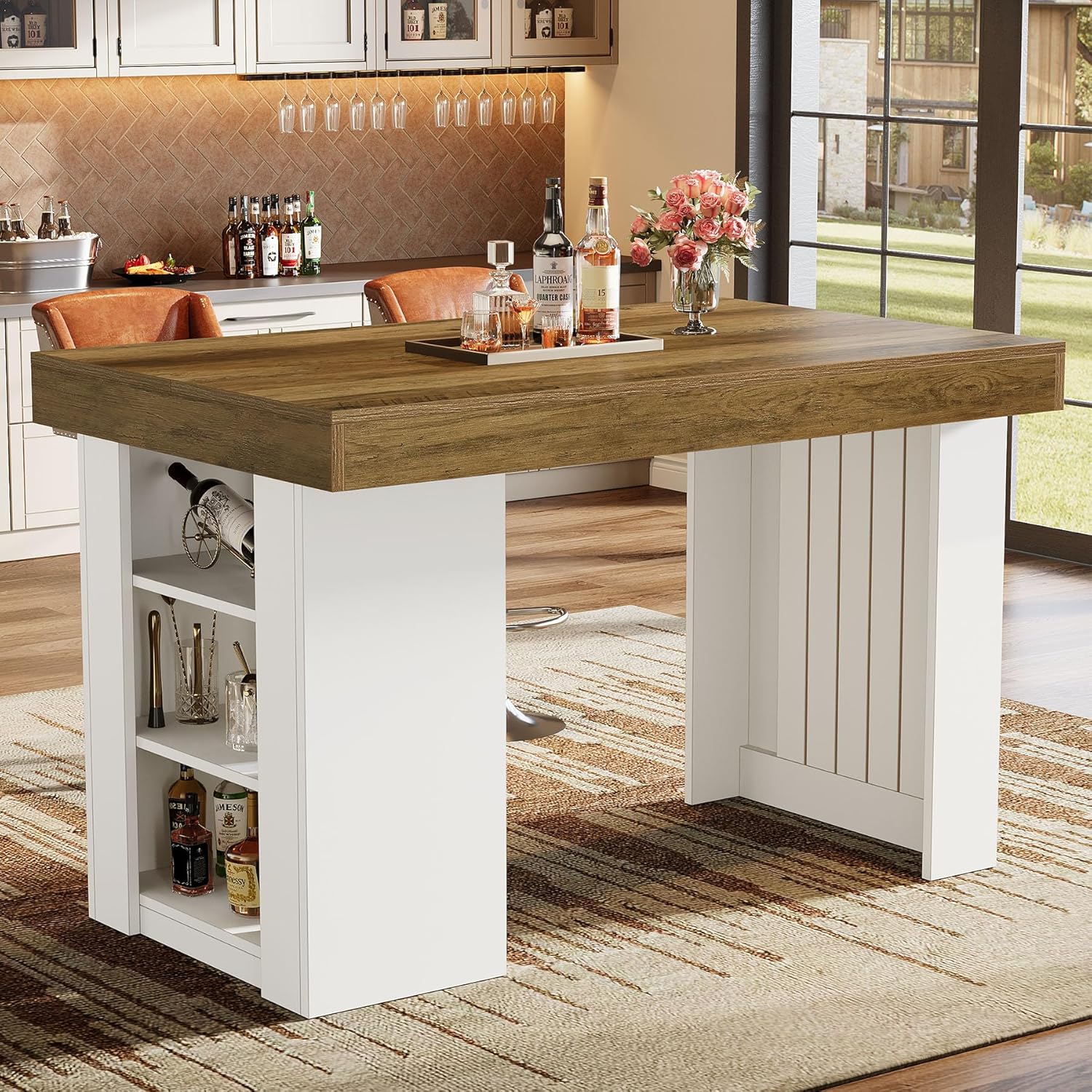 55" Bar Table, Farmhouse Counter Height Table with 3-Tier Storage Shelves