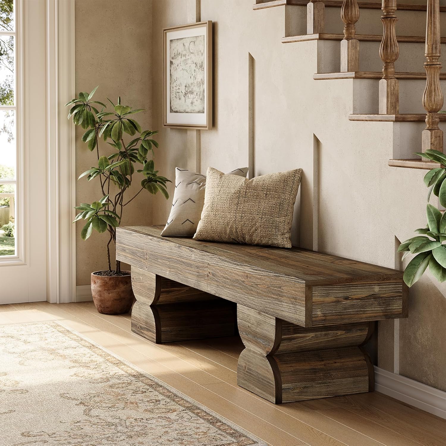 59" Entryway Bench, Solid Wood Shoe Bench End of Bed Stool