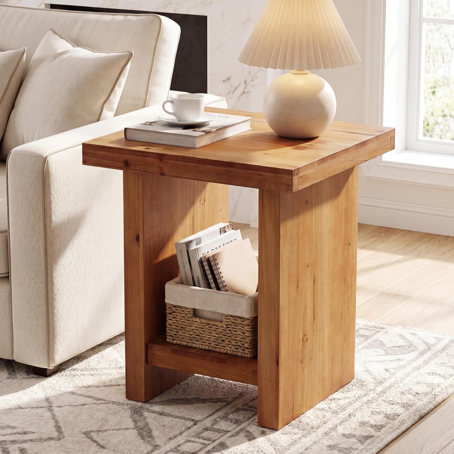 19.6" Solid Wood End Table, Farmhouse Side Table Nightstand with Open Storage